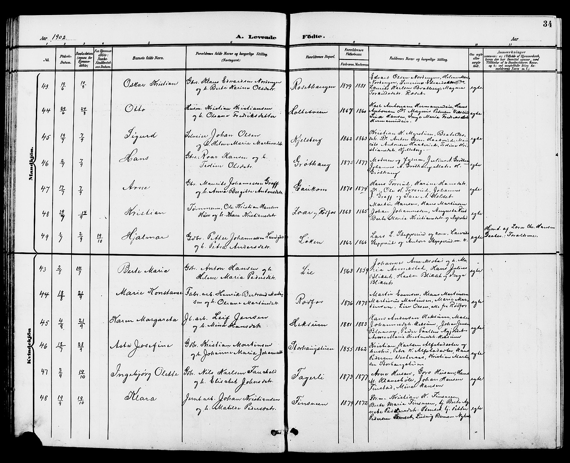 Vestre Toten prestekontor, AV/SAH-PREST-108/H/Ha/Hab/L0010: Parish register (copy) no. 10, 1900-1912, p. 34