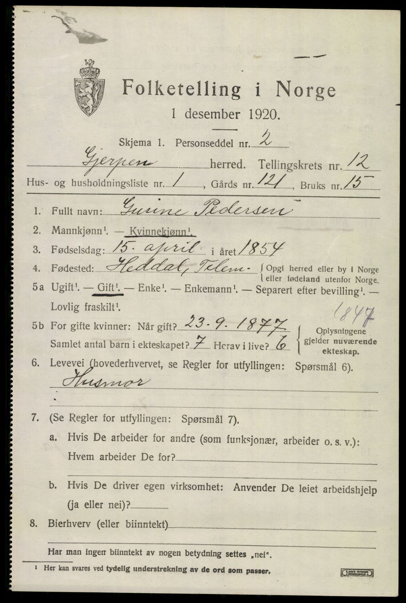 SAKO, 1920 census for Gjerpen, 1920, p. 13574