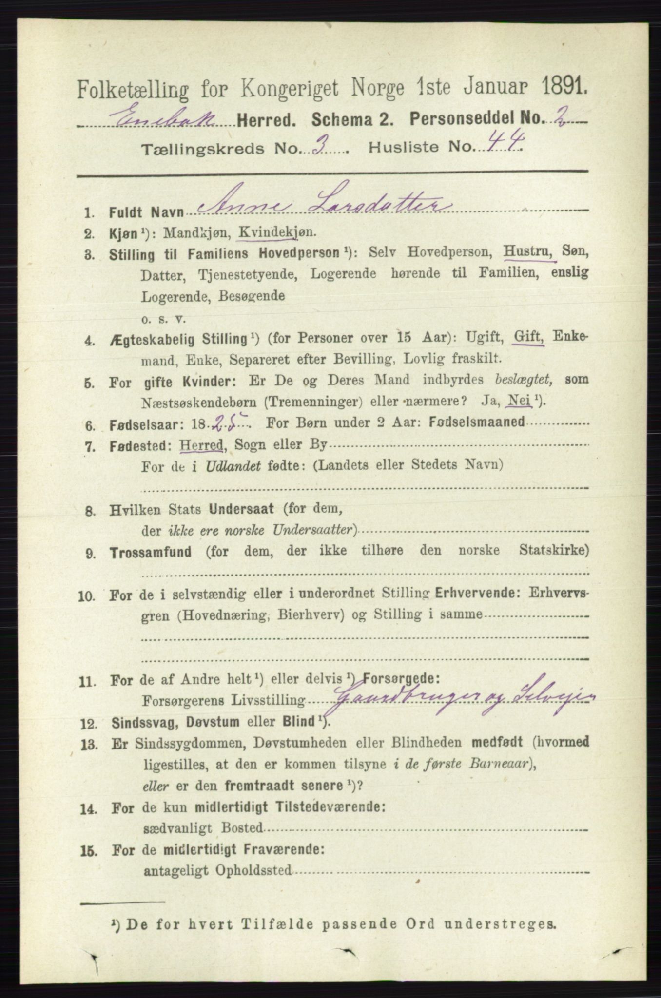 RA, 1891 census for 0229 Enebakk, 1891, p. 1397