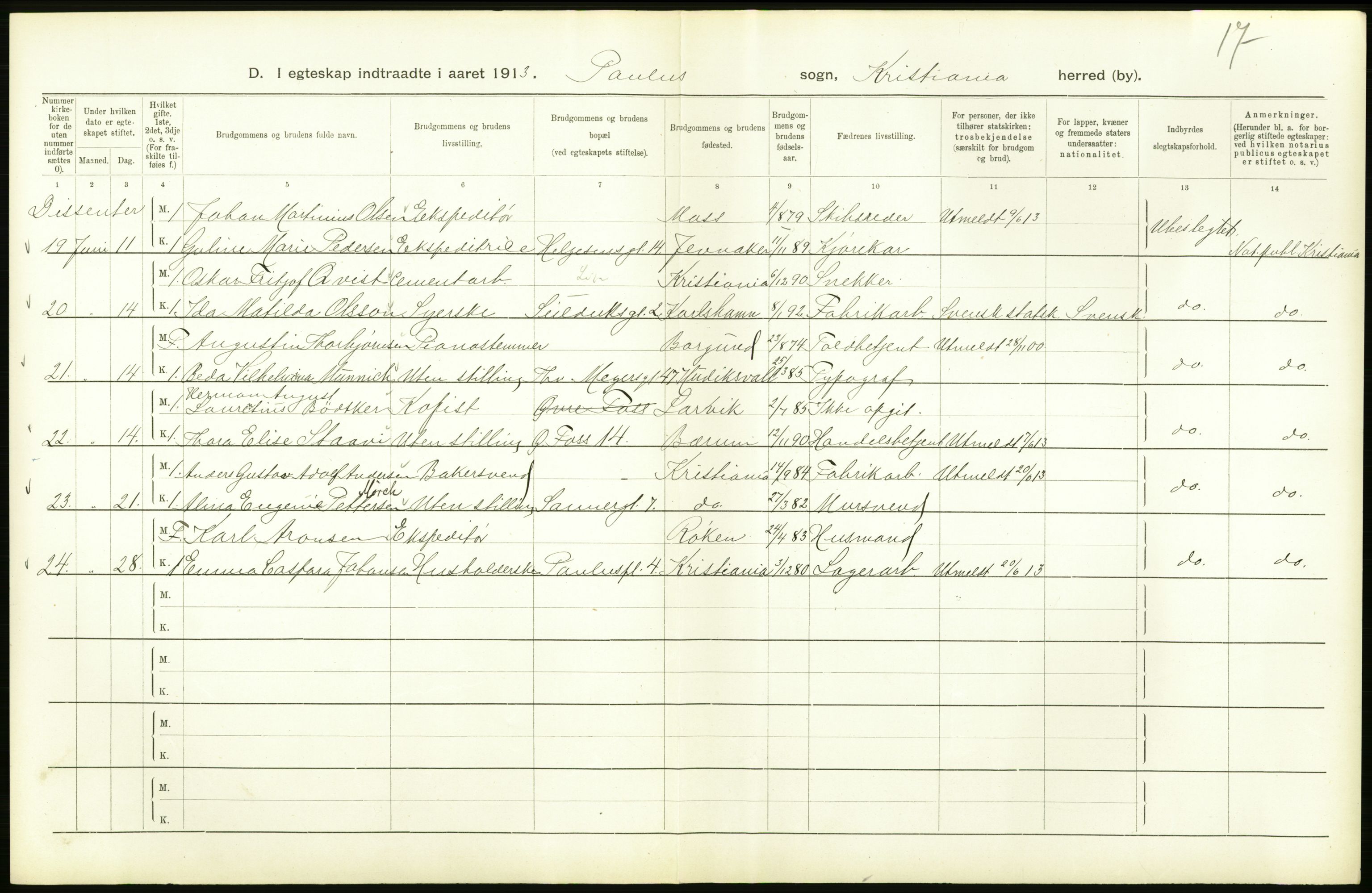 Statistisk sentralbyrå, Sosiodemografiske emner, Befolkning, AV/RA-S-2228/D/Df/Dfb/Dfbc/L0008: Kristiania: Gifte., 1913, p. 318