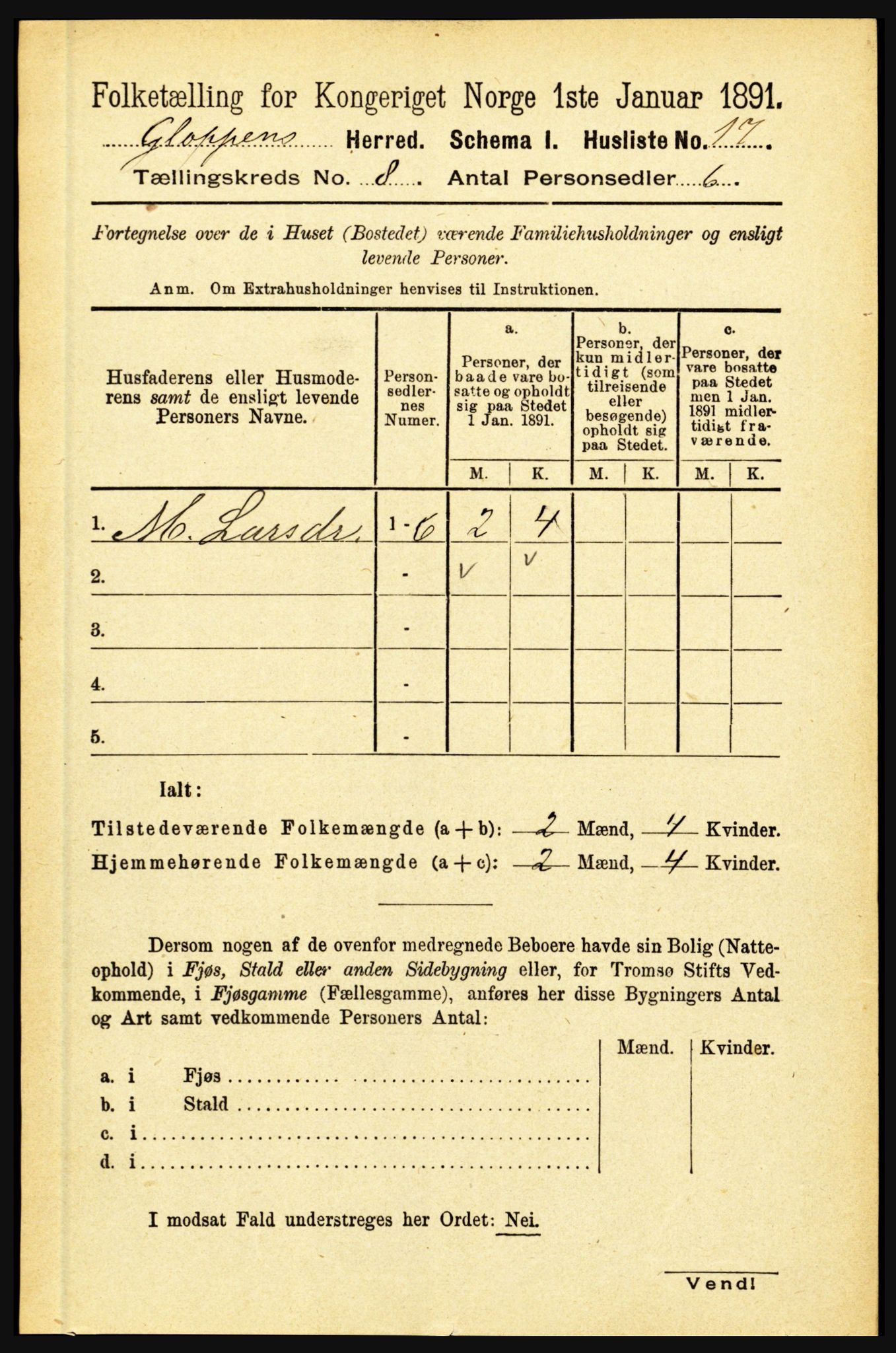 RA, 1891 census for 1445 Gloppen, 1891, p. 3096
