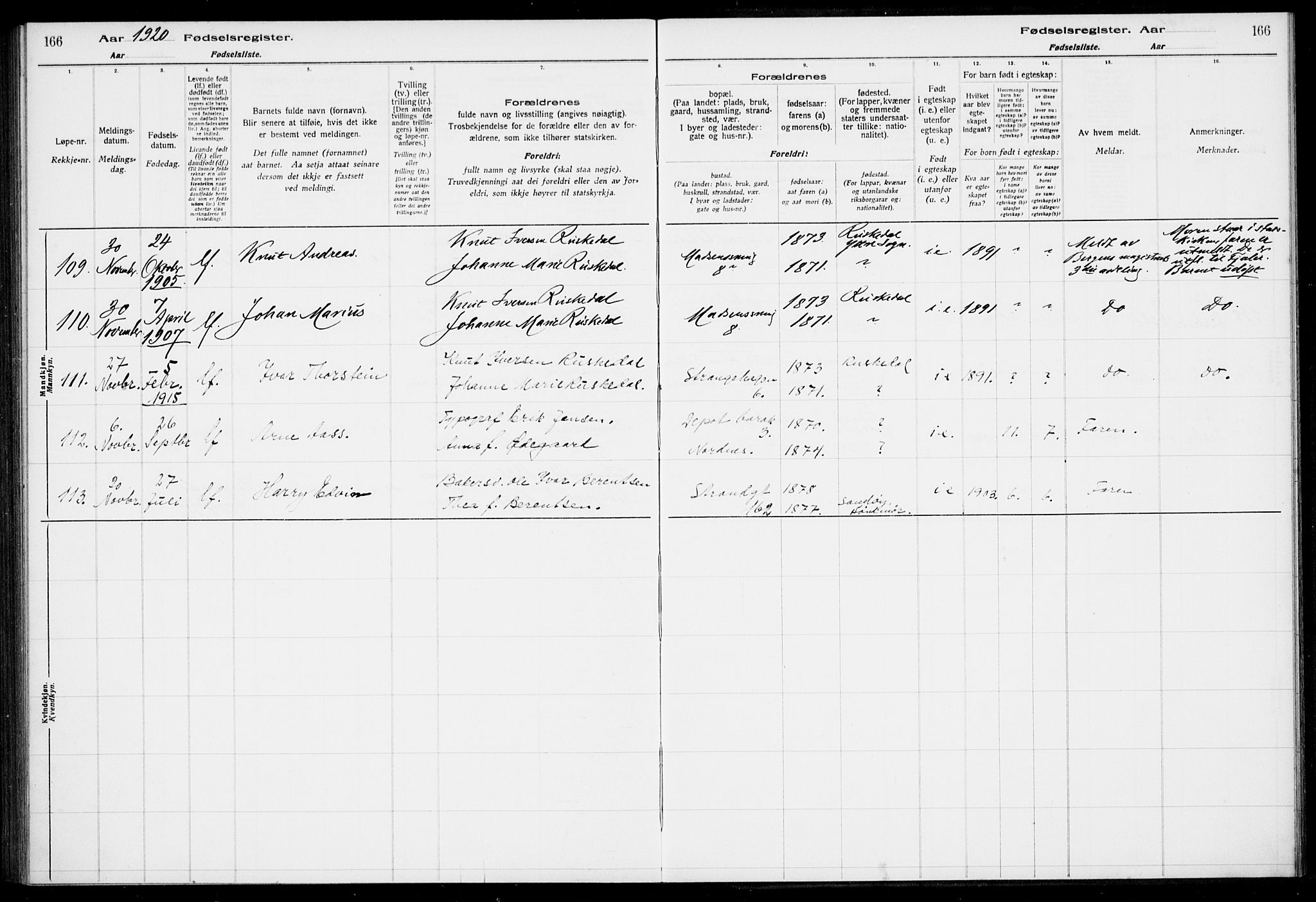 Nykirken Sokneprestembete, AV/SAB-A-77101/I/Id/L00A1: Birth register no. A 1, 1916-1922, p. 166