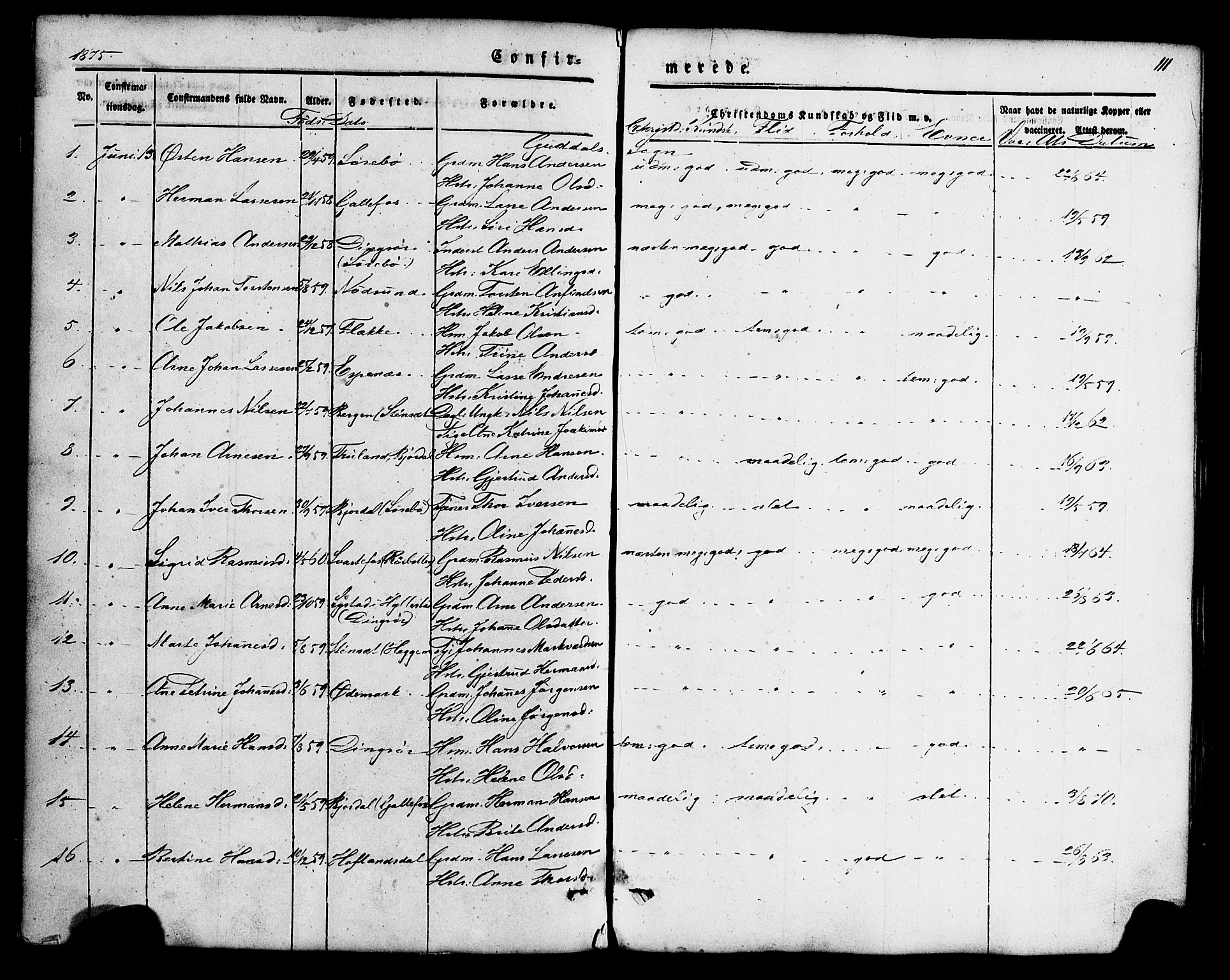 Fjaler sokneprestembete, SAB/A-79801/H/Haa/Haaa/L0008: Parish register (official) no. A 8, 1850-1886, p. 111