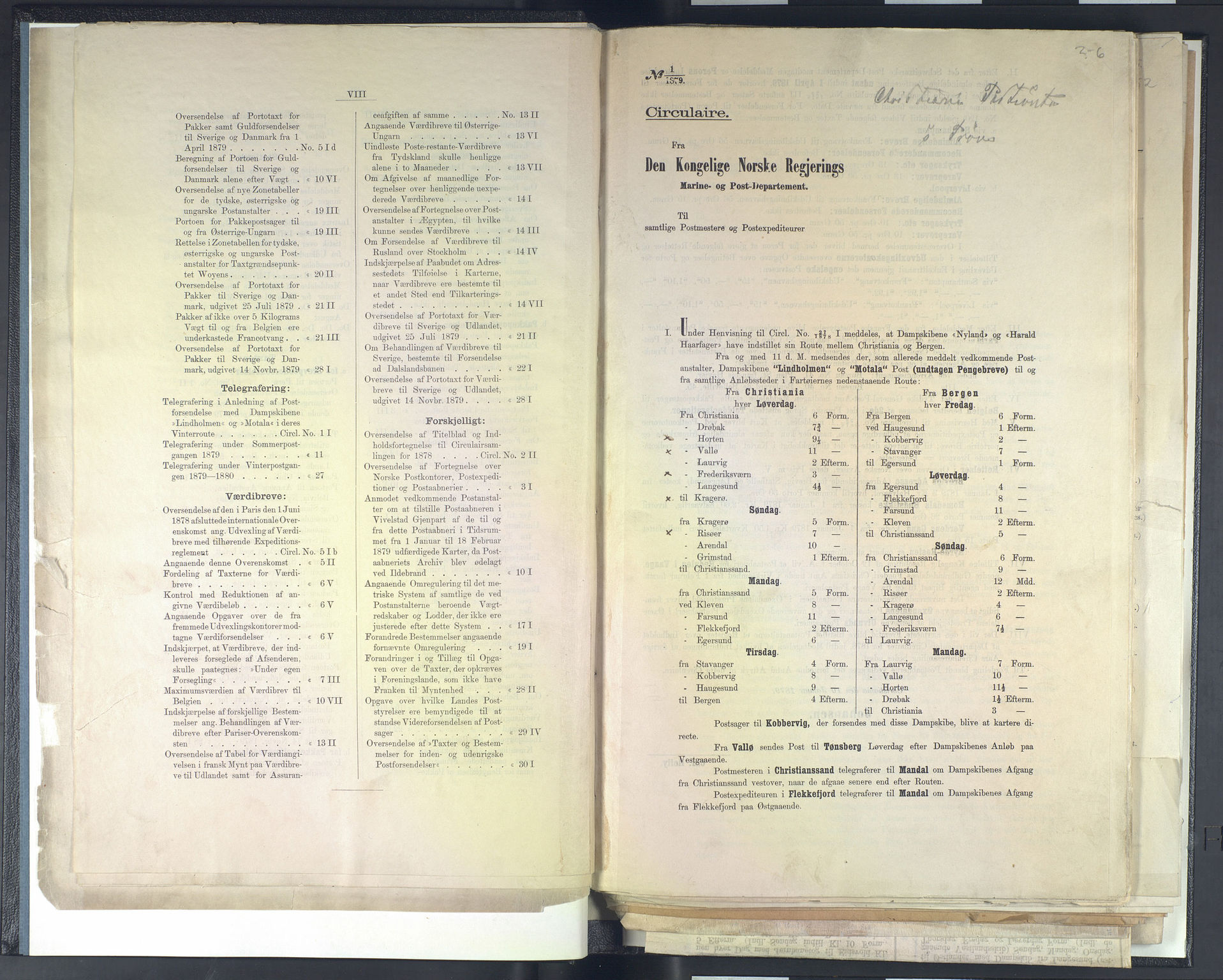 Norges Postmuseums bibliotek, NOPO/-/-/-: Sirkulærer fra Den Kongelige Norske Regjerings Marine- og Postdepartement, 1879