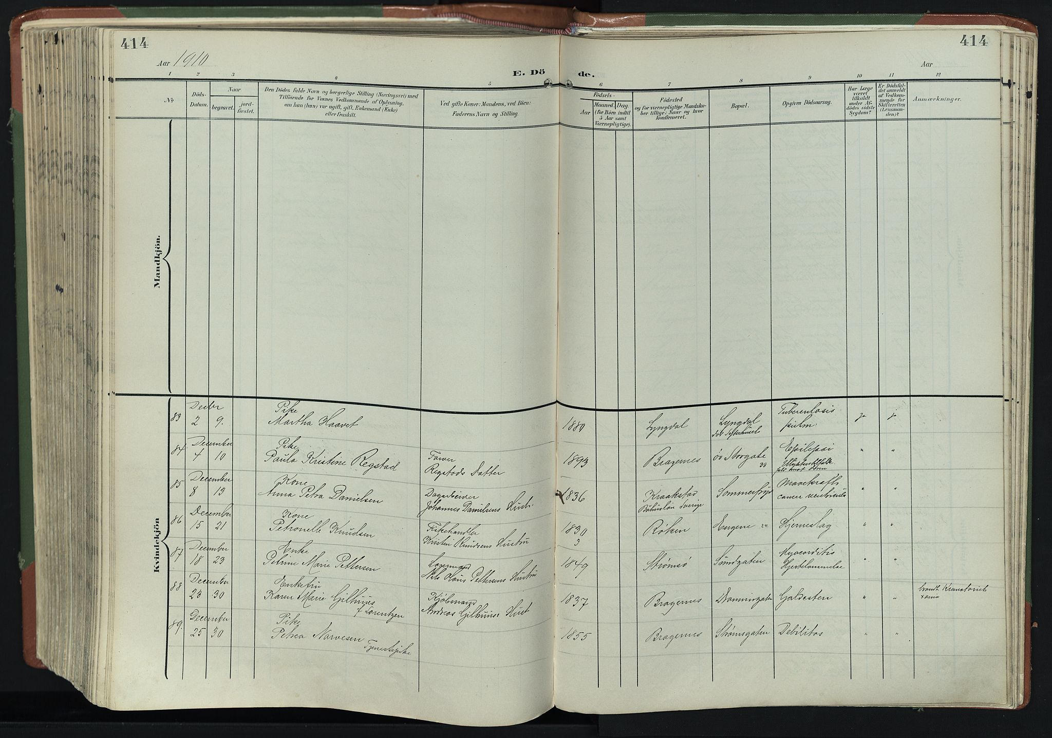 Bragernes kirkebøker, AV/SAKO-A-6/F/Fb/L0009: Parish register (official) no. II 9, 1902-1911, p. 414