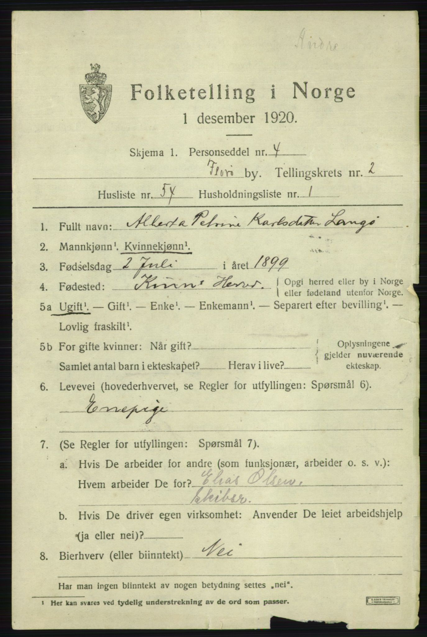 SAB, 1920 census for Florø, 1920, p. 3056