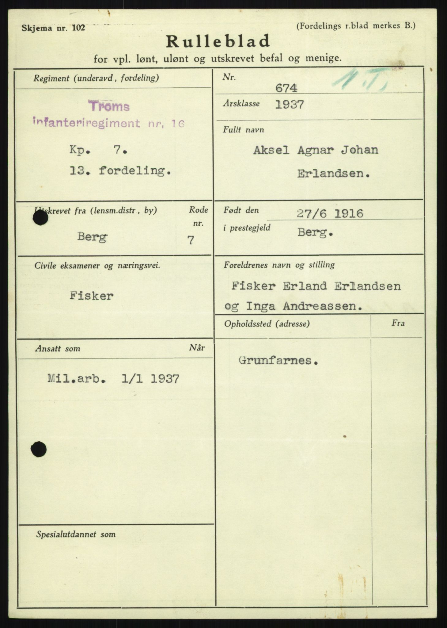 Forsvaret, Troms infanteriregiment nr. 16, AV/RA-RAFA-3146/P/Pa/L0021: Rulleblad for regimentets menige mannskaper, årsklasse 1937, 1937, p. 159