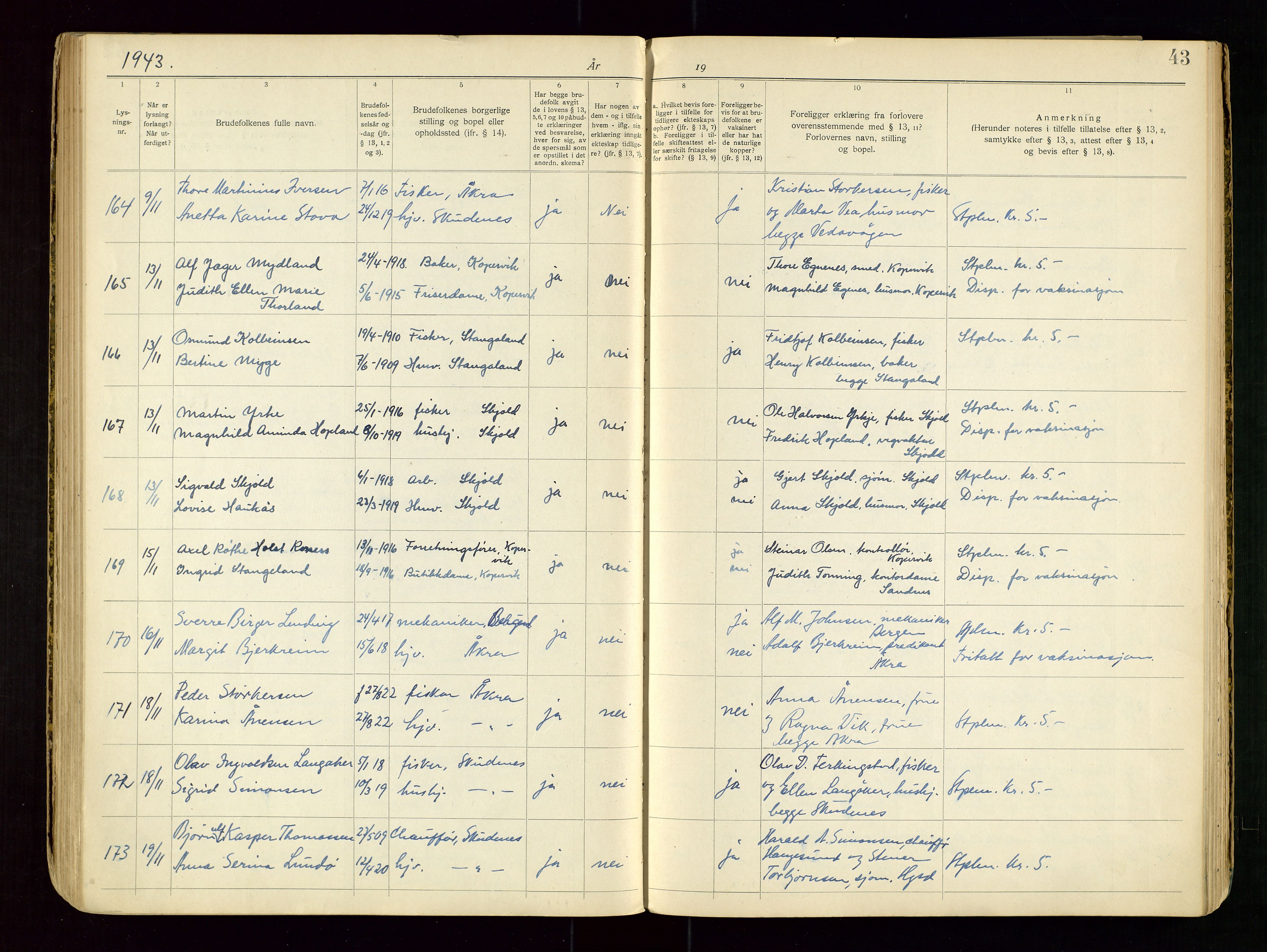 Karmsund sorenskriveri, AV/SAST-A-100311/01/III/IIICB/L0001: LYSINGSBOK, 1919-1967, p. 43