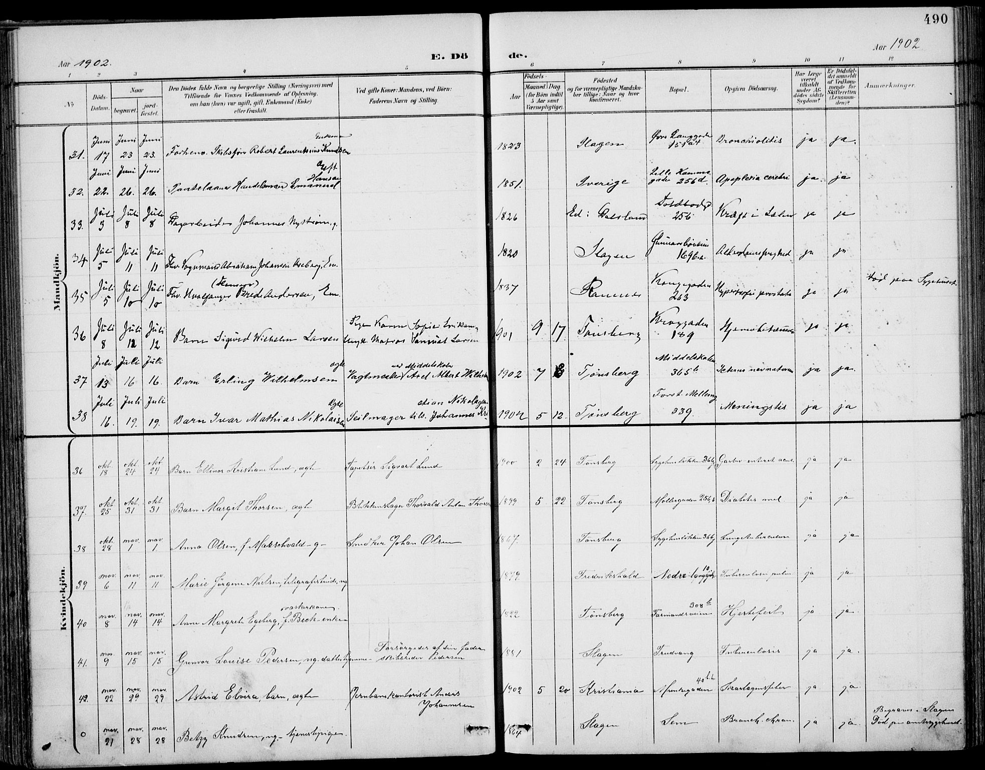 Tønsberg kirkebøker, AV/SAKO-A-330/F/Fa/L0013: Parish register (official) no. I 13, 1900-1913, p. 490