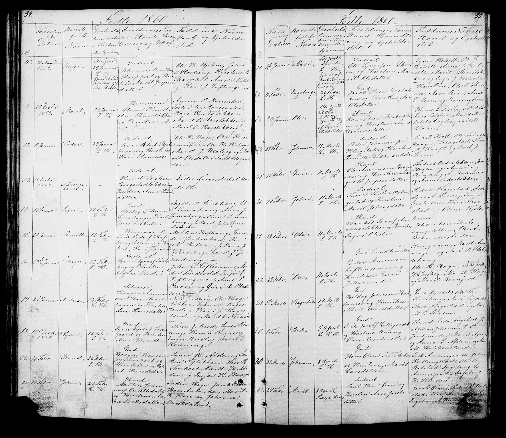 Lesja prestekontor, SAH/PREST-068/H/Ha/Hab/L0005: Parish register (copy) no. 5, 1850-1894, p. 54-55