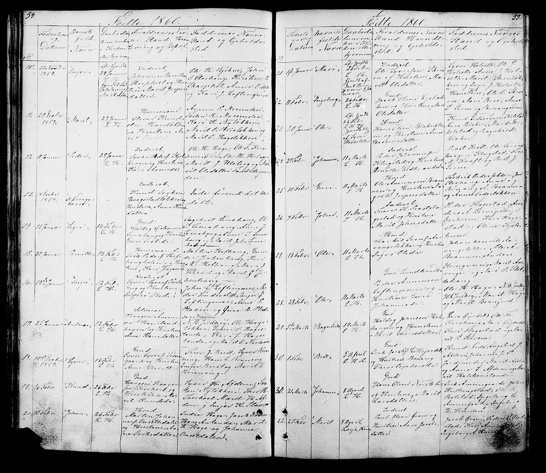 Lesja prestekontor, AV/SAH-PREST-068/H/Ha/Hab/L0005: Parish register (copy) no. 5, 1850-1894, p. 54-55