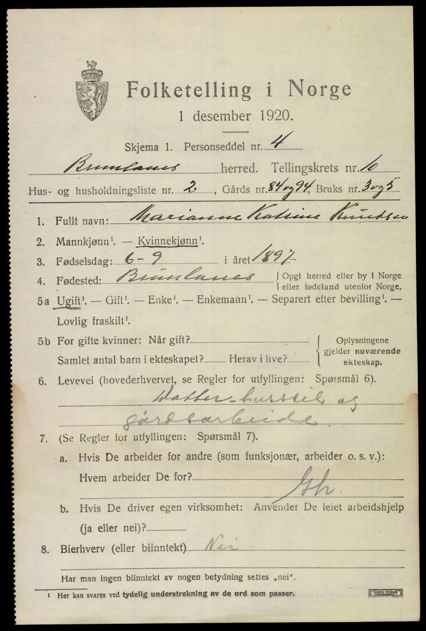 SAKO, 1920 census for Brunlanes, 1920, p. 8625