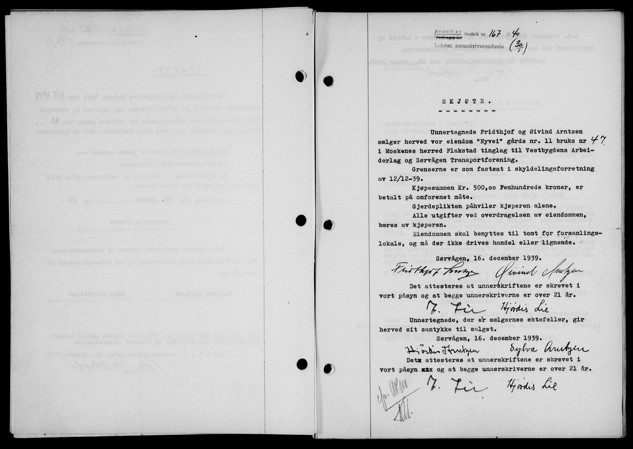 Lofoten sorenskriveri, SAT/A-0017/1/2/2C/L0007a: Mortgage book no. 7a, 1939-1940, Diary no: : 167/1940