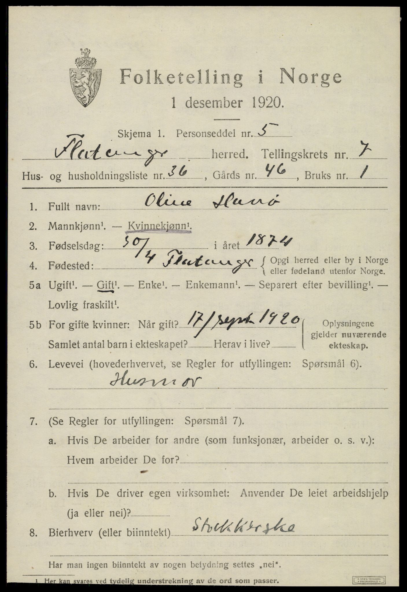 SAT, 1920 census for Flatanger, 1920, p. 3658