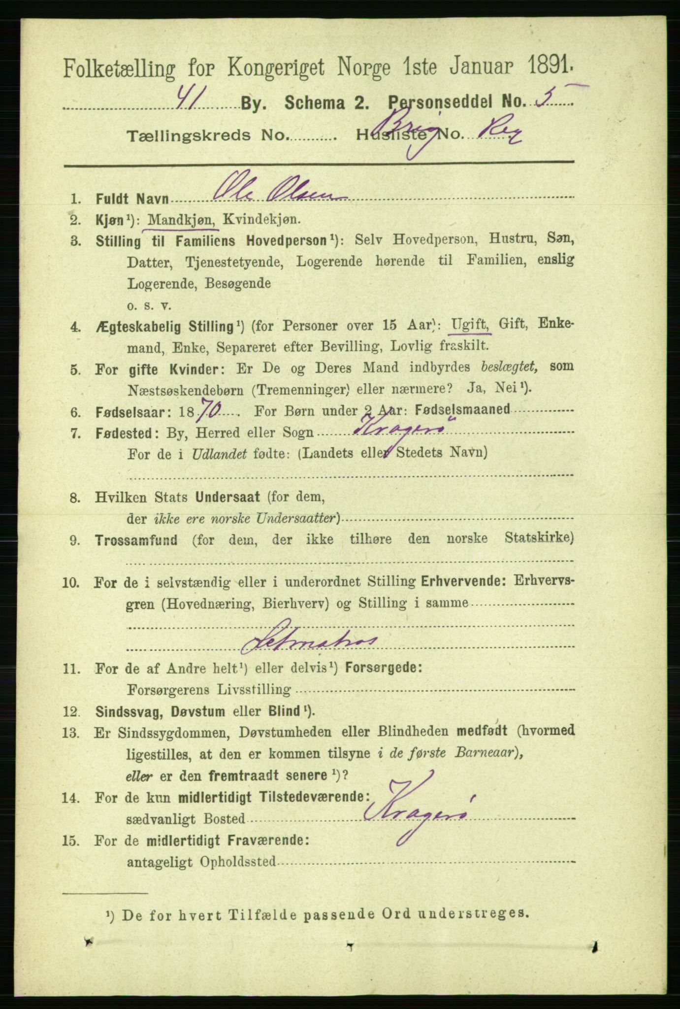 RA, 1891 census for 1101 Egersund, 1891, p. 3081