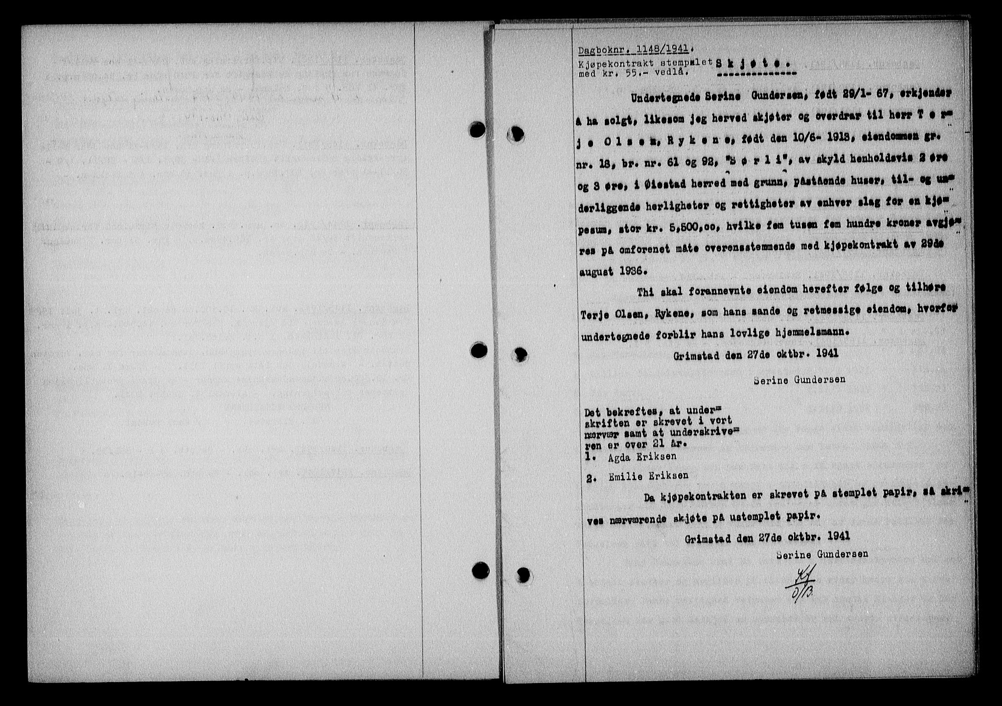 Nedenes sorenskriveri, SAK/1221-0006/G/Gb/Gba/L0049: Mortgage book no. A-III, 1941-1942, Diary no: : 1148/1941