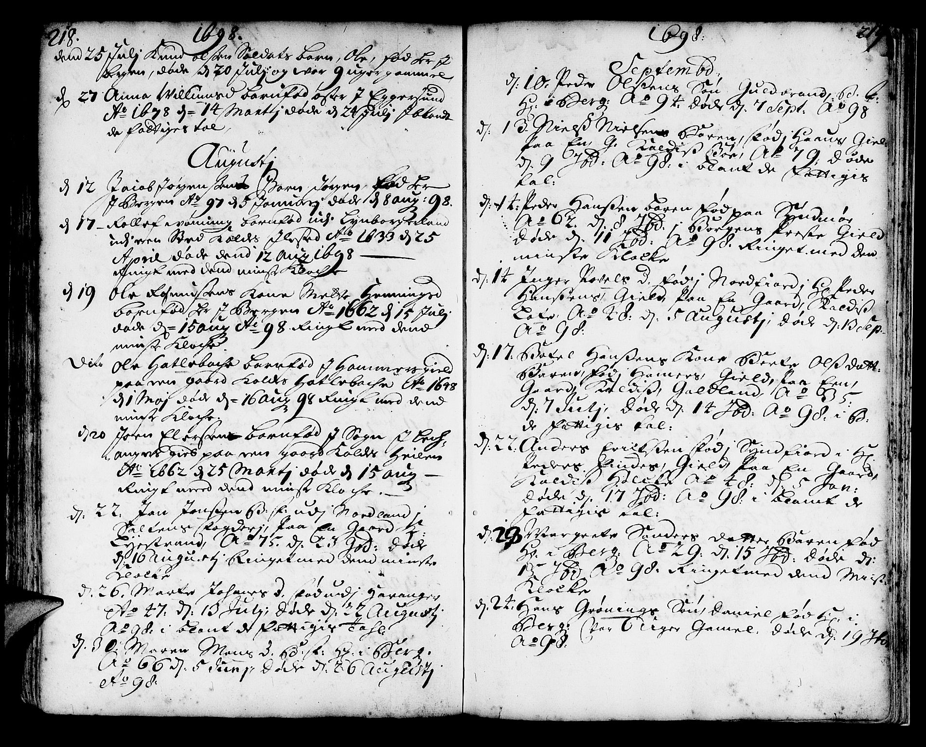 Korskirken sokneprestembete, AV/SAB-A-76101/H/Haa/L0010: Parish register (official) no. A 10, 1688-1703, p. 218-219