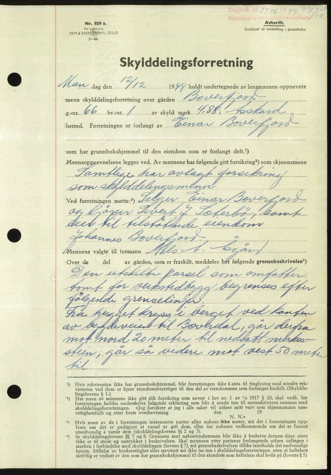 Nordmøre sorenskriveri, AV/SAT-A-4132/1/2/2Ca: Mortgage book no. A113, 1949-1950, Diary no: : 3746/1949