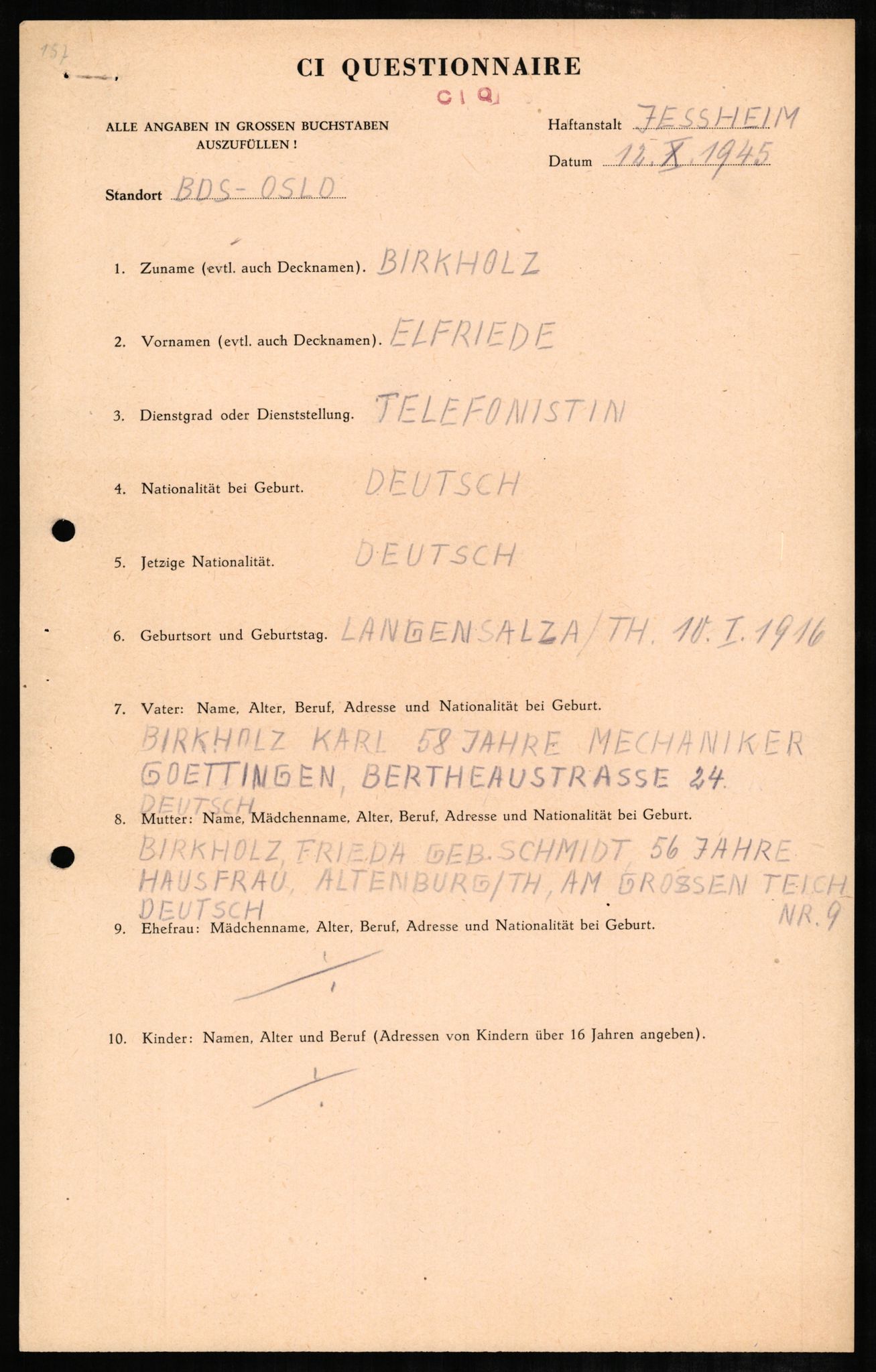 Forsvaret, Forsvarets overkommando II, AV/RA-RAFA-3915/D/Db/L0003: CI Questionaires. Tyske okkupasjonsstyrker i Norge. Tyskere., 1945-1946, p. 172