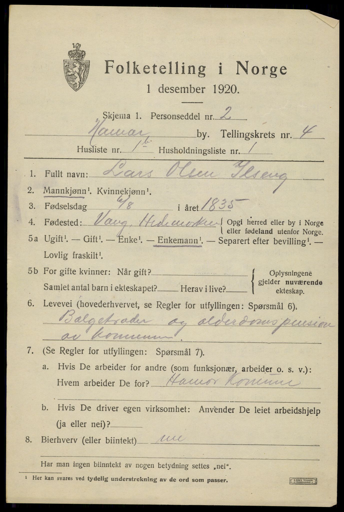 SAH, 1920 census for Hamar, 1920, p. 7803