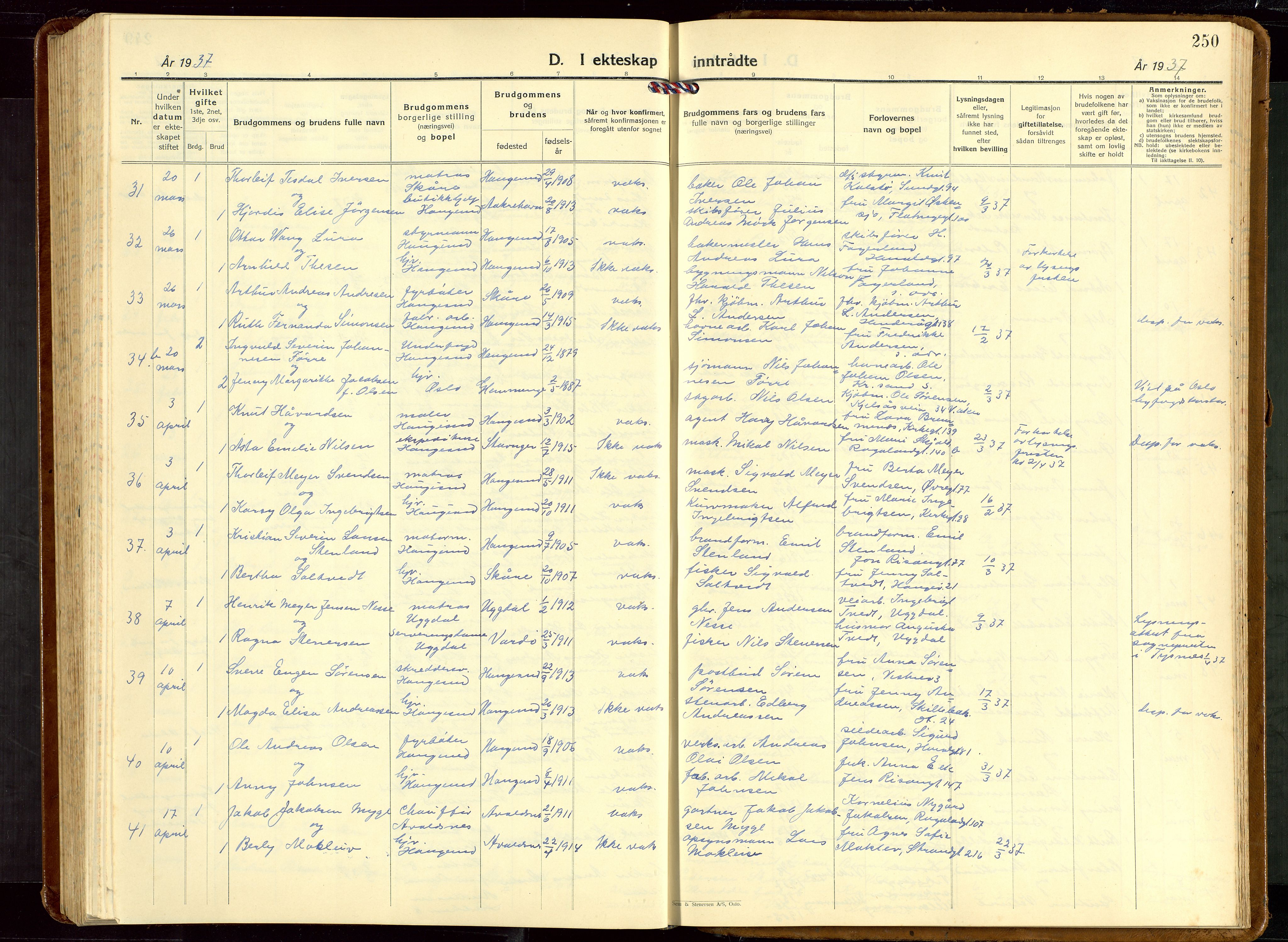 Haugesund sokneprestkontor, AV/SAST-A -101863/H/Ha/Hab/L0013: Parish register (copy) no. B 13, 1931-1943, p. 250