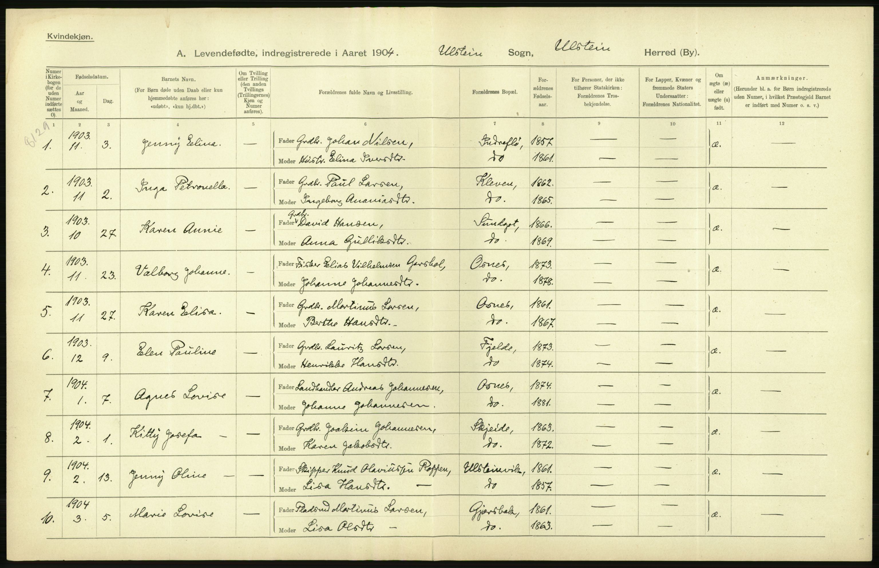 Statistisk sentralbyrå, Sosiodemografiske emner, Befolkning, AV/RA-S-2228/D/Df/Dfa/Dfab/L0016: Romsdals amt: Fødte, gifte, døde., 1904, p. 58