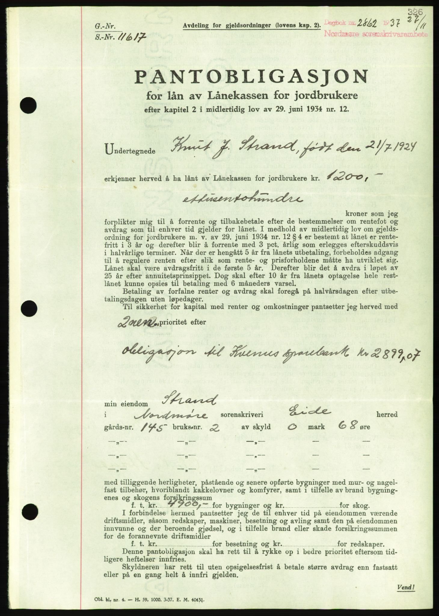 Nordmøre sorenskriveri, AV/SAT-A-4132/1/2/2Ca/L0092: Mortgage book no. B82, 1937-1938, Diary no: : 2862/1937