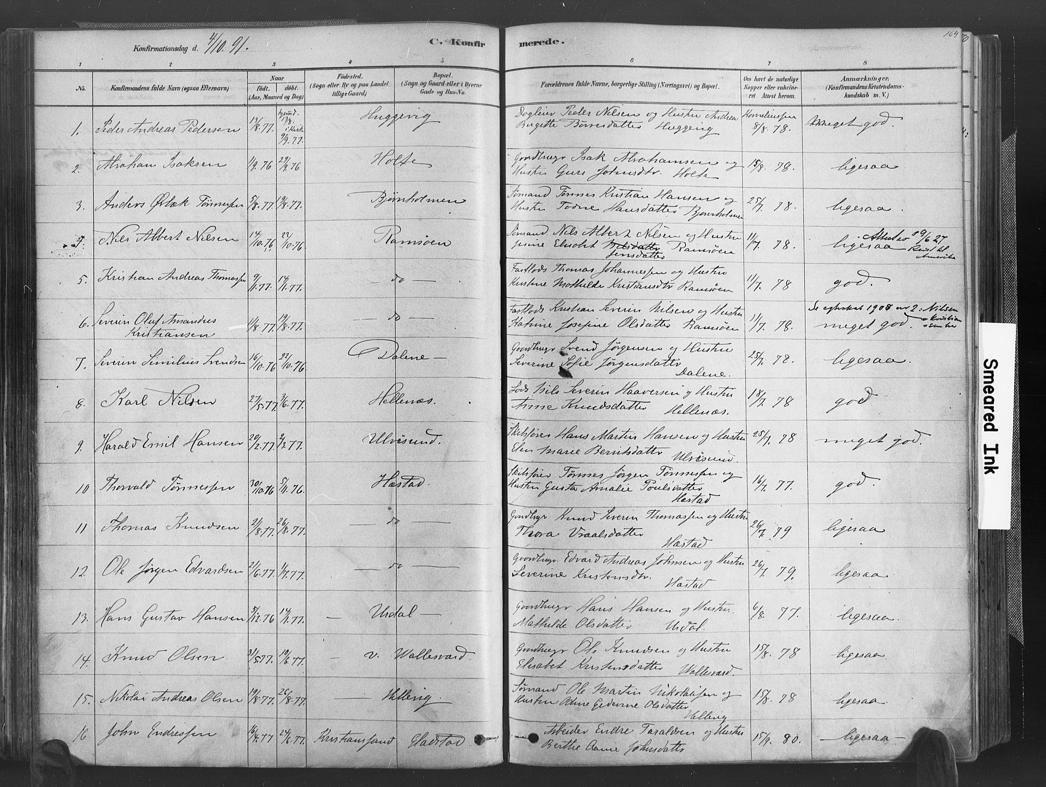 Høvåg sokneprestkontor, SAK/1111-0025/F/Fa/L0005: Parish register (official) no. A 5, 1878-1893, p. 164