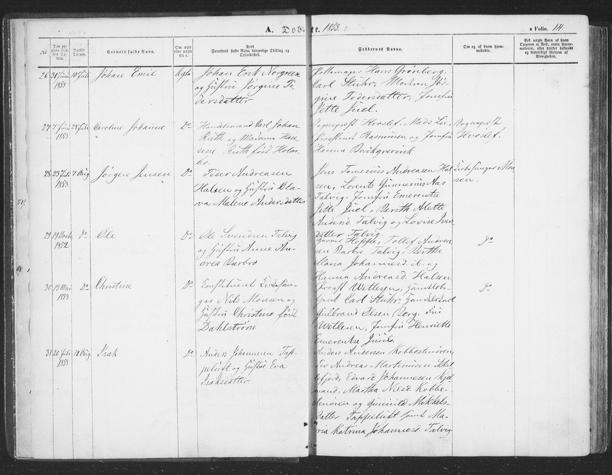 Talvik sokneprestkontor, AV/SATØ-S-1337/H/Ha/L0010kirke: Parish register (official) no. 10, 1852-1864, p. 14