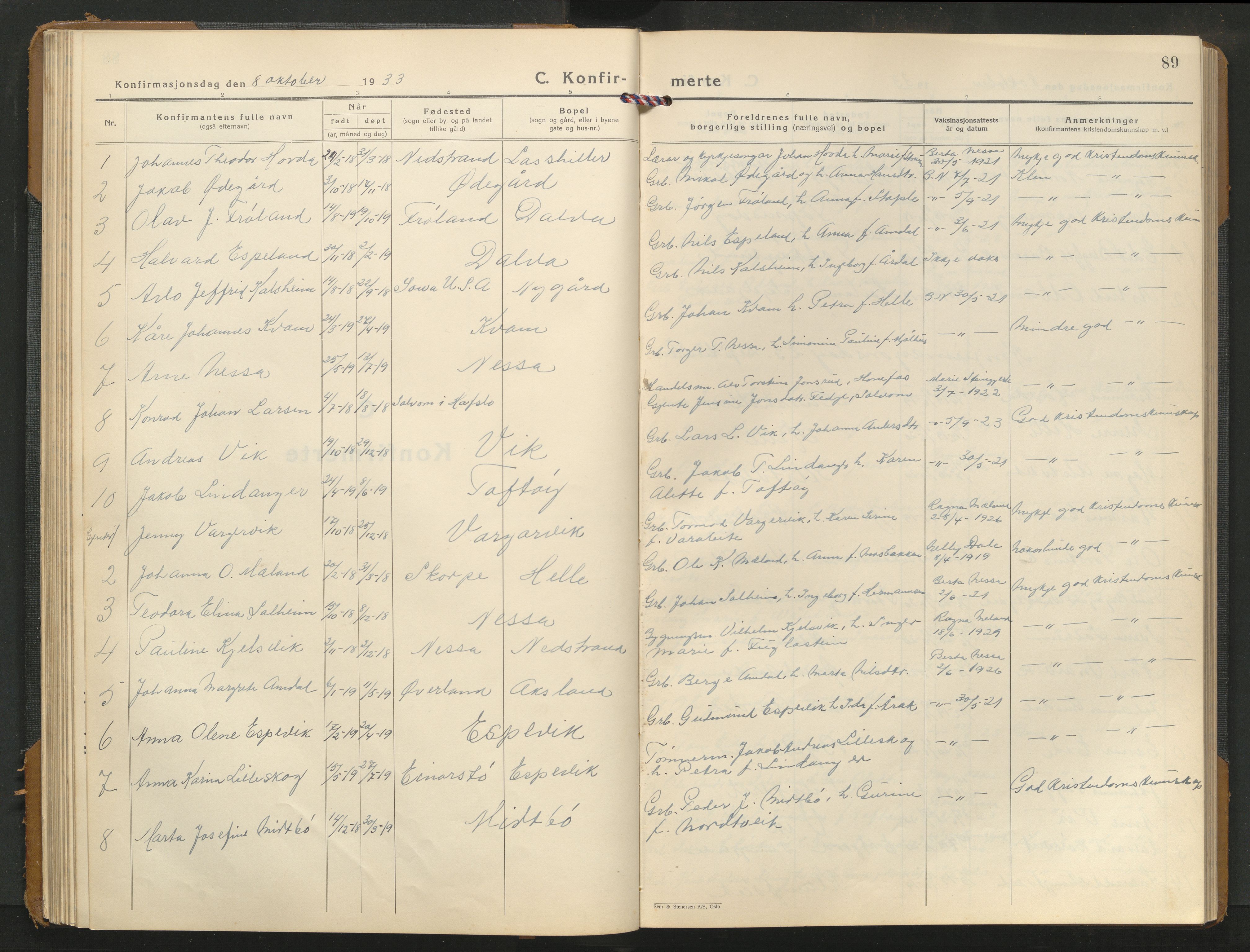 Nedstrand sokneprestkontor, SAST/A-101841/01/V/L0004: Parish register (copy) no. B 4, 1933-1961, p. 89