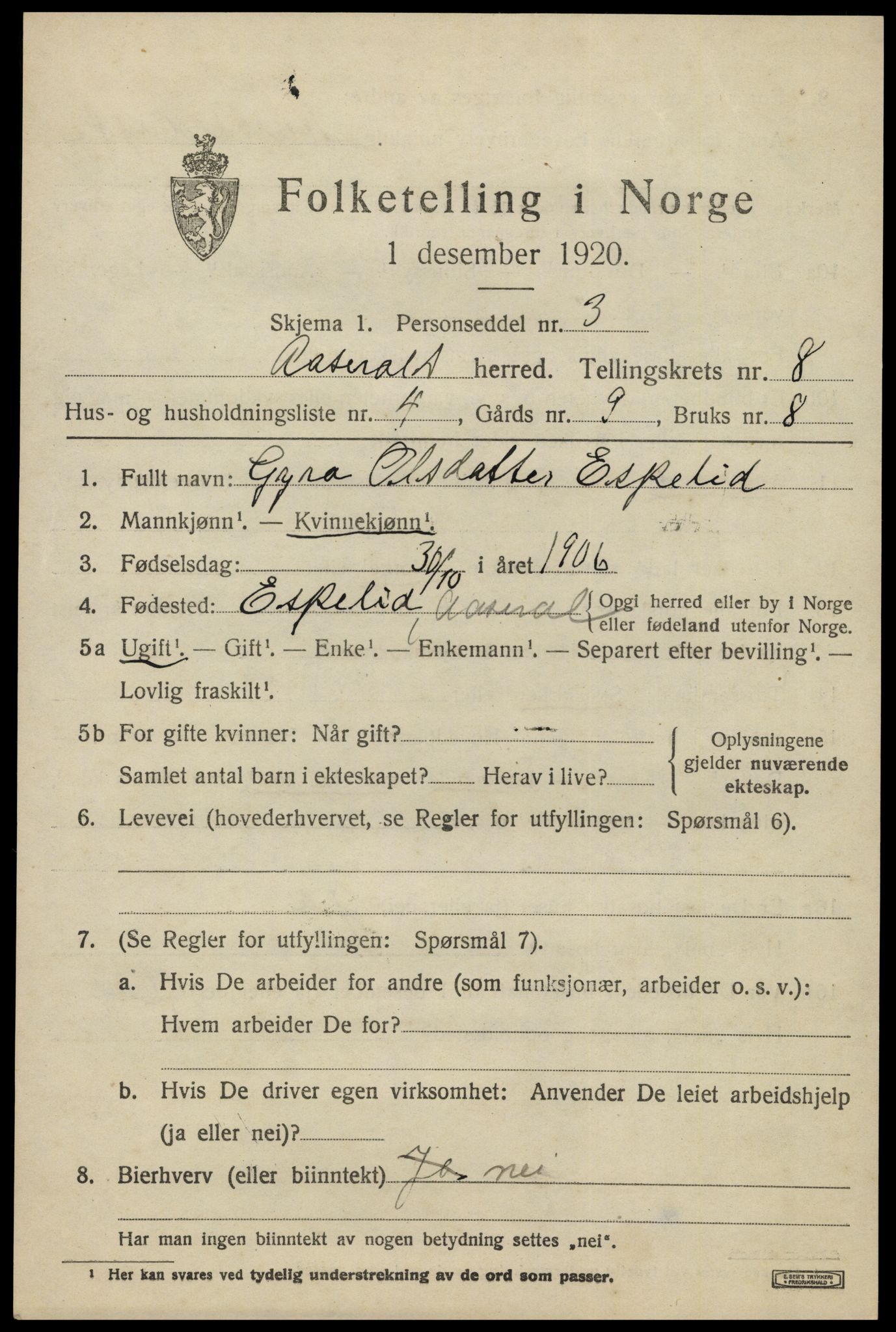SAK, 1920 census for Åseral, 1920, p. 2476