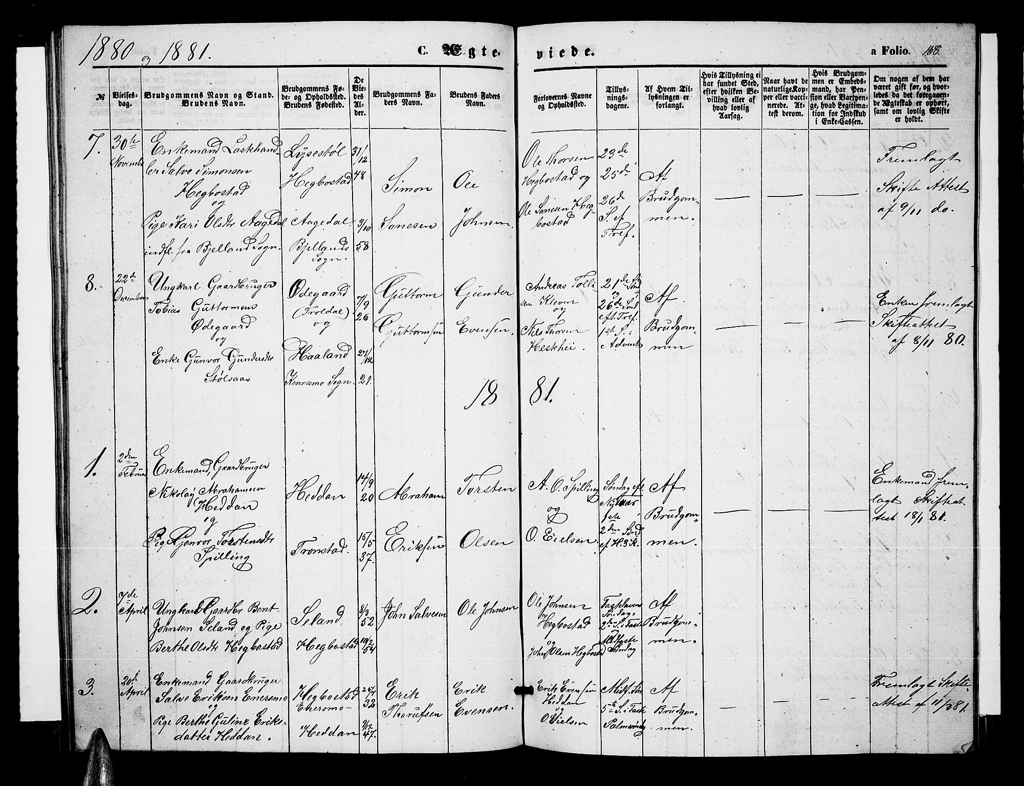 Nord-Audnedal sokneprestkontor, AV/SAK-1111-0032/F/Fb/Fbb/L0002: Parish register (copy) no. B 2, 1859-1882, p. 168