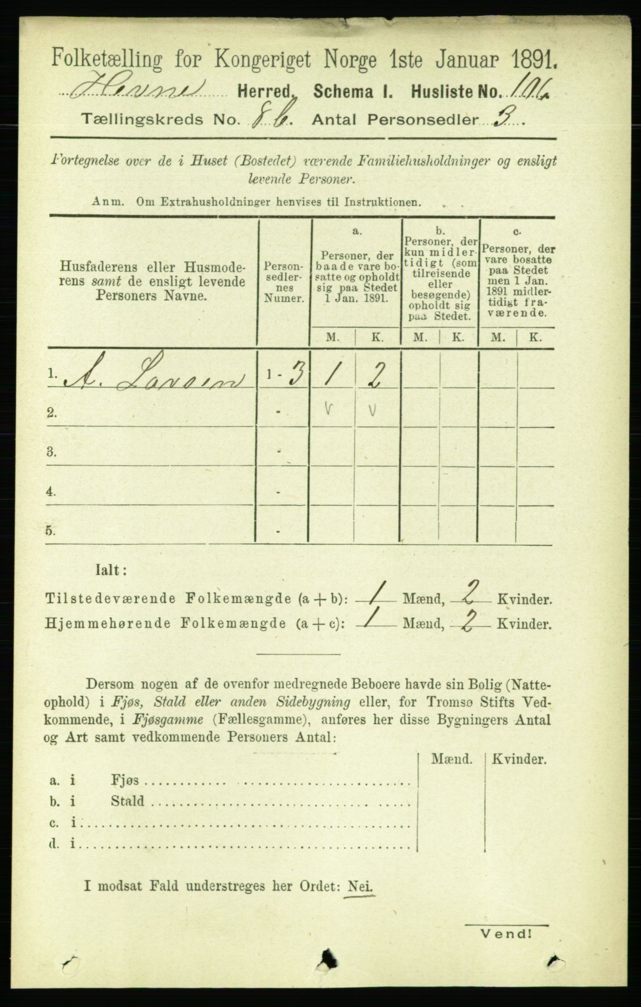 RA, 1891 census for 1612 Hemne, 1891, p. 5516