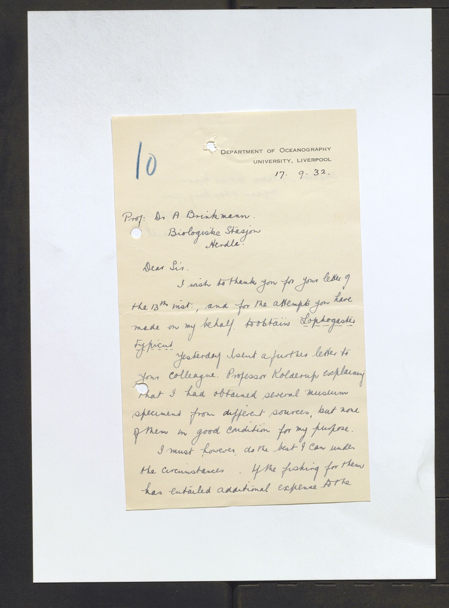 Bergens Museum, AV/SAB-A-17301/13/D/L0002: Korrespondanse , 1928-1940, p. 395