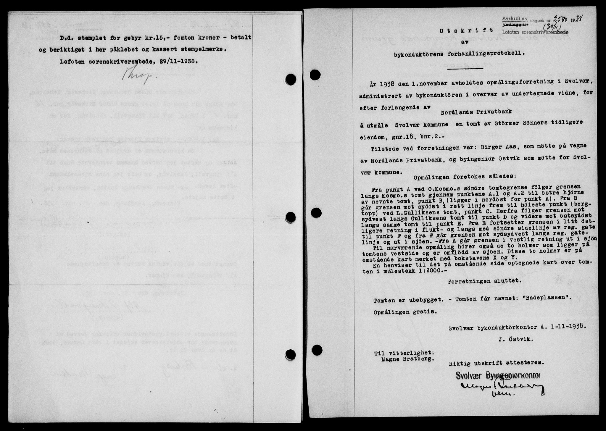 Lofoten sorenskriveri, SAT/A-0017/1/2/2C/L0004a: Mortgage book no. 4a, 1938-1938, Diary no: : 2580/1938