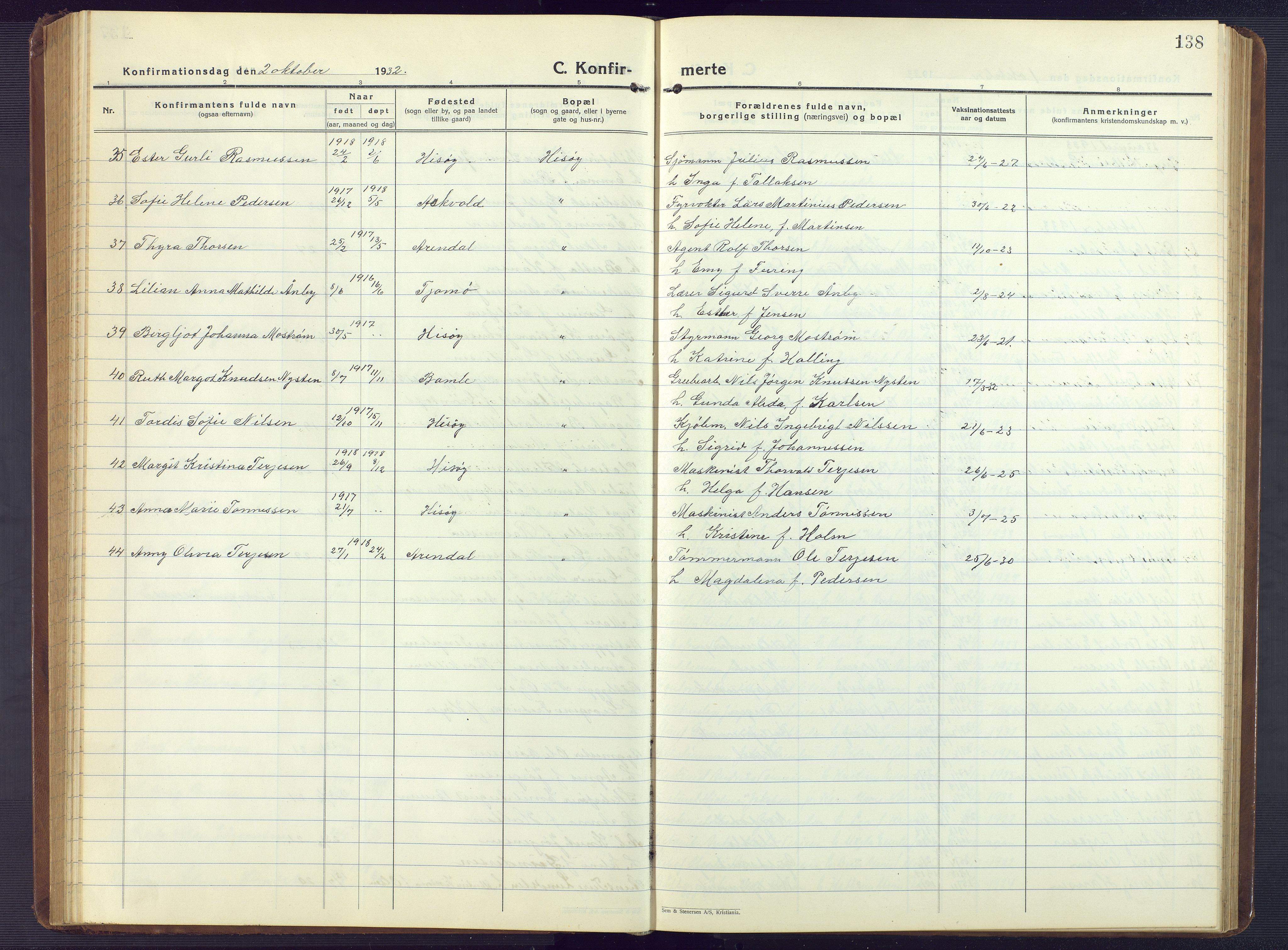 Hisøy sokneprestkontor, AV/SAK-1111-0020/F/Fb/L0005: Parish register (copy) no. B 5, 1924-1946, p. 138