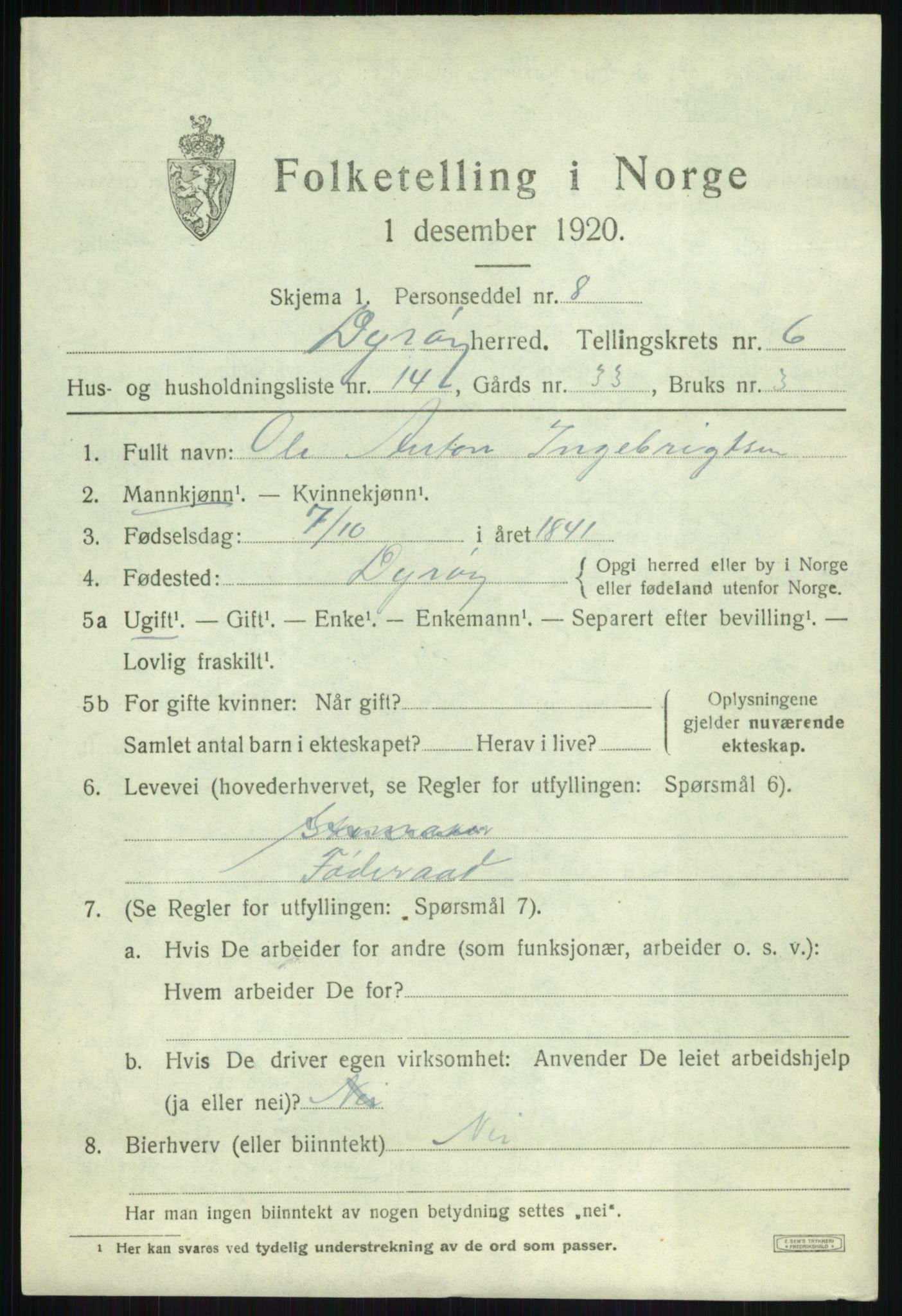 SATØ, 1920 census for Dyrøy, 1920, p. 3303