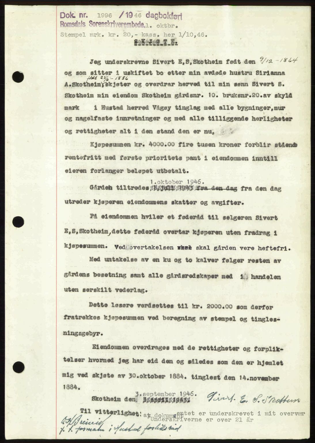 Romsdal sorenskriveri, AV/SAT-A-4149/1/2/2C: Mortgage book no. A21, 1946-1946, Diary no: : 1996/1946