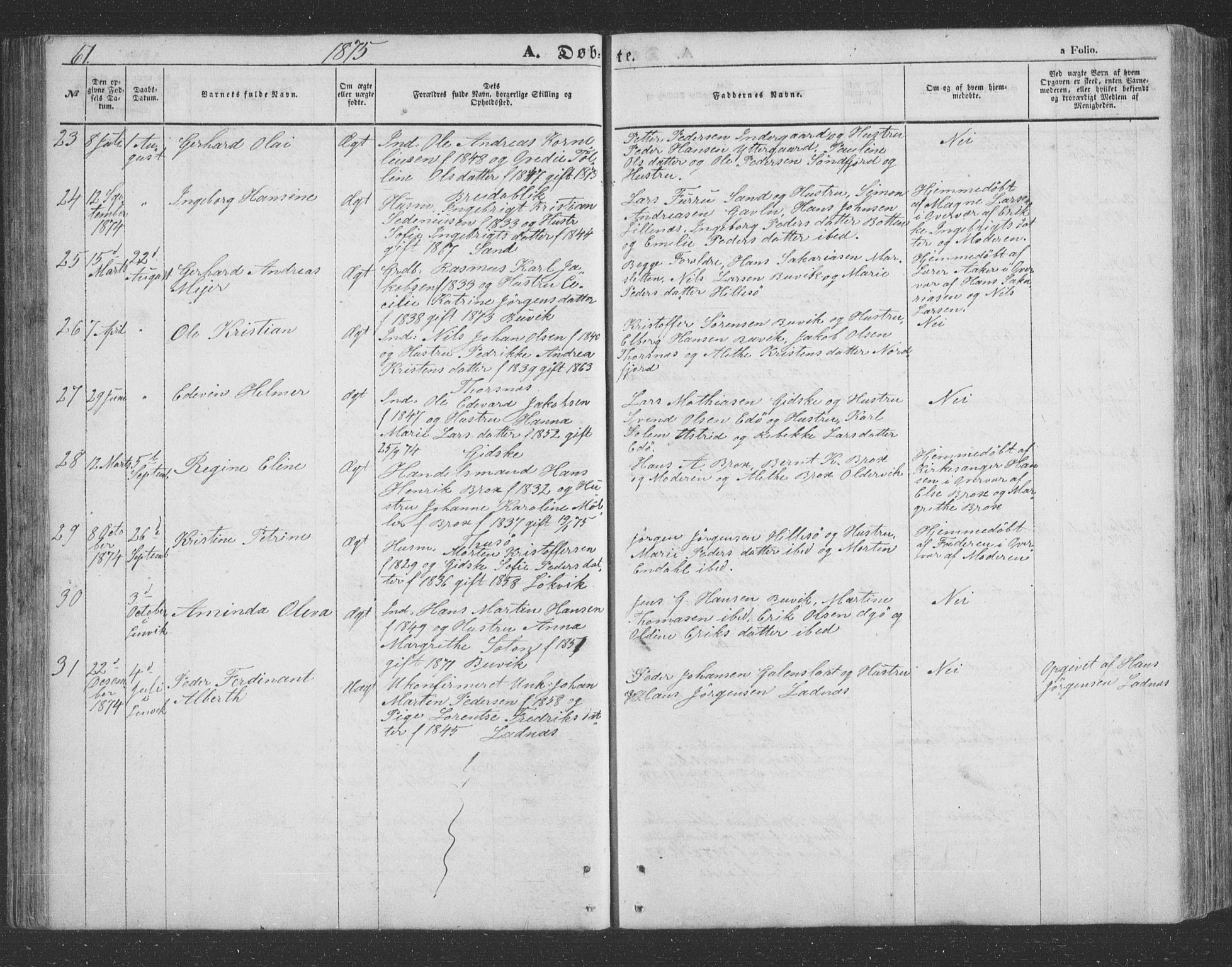 Lenvik sokneprestembete, SATØ/S-1310/H/Ha/Hab/L0020klokker: Parish register (copy) no. 20, 1855-1883, p. 61