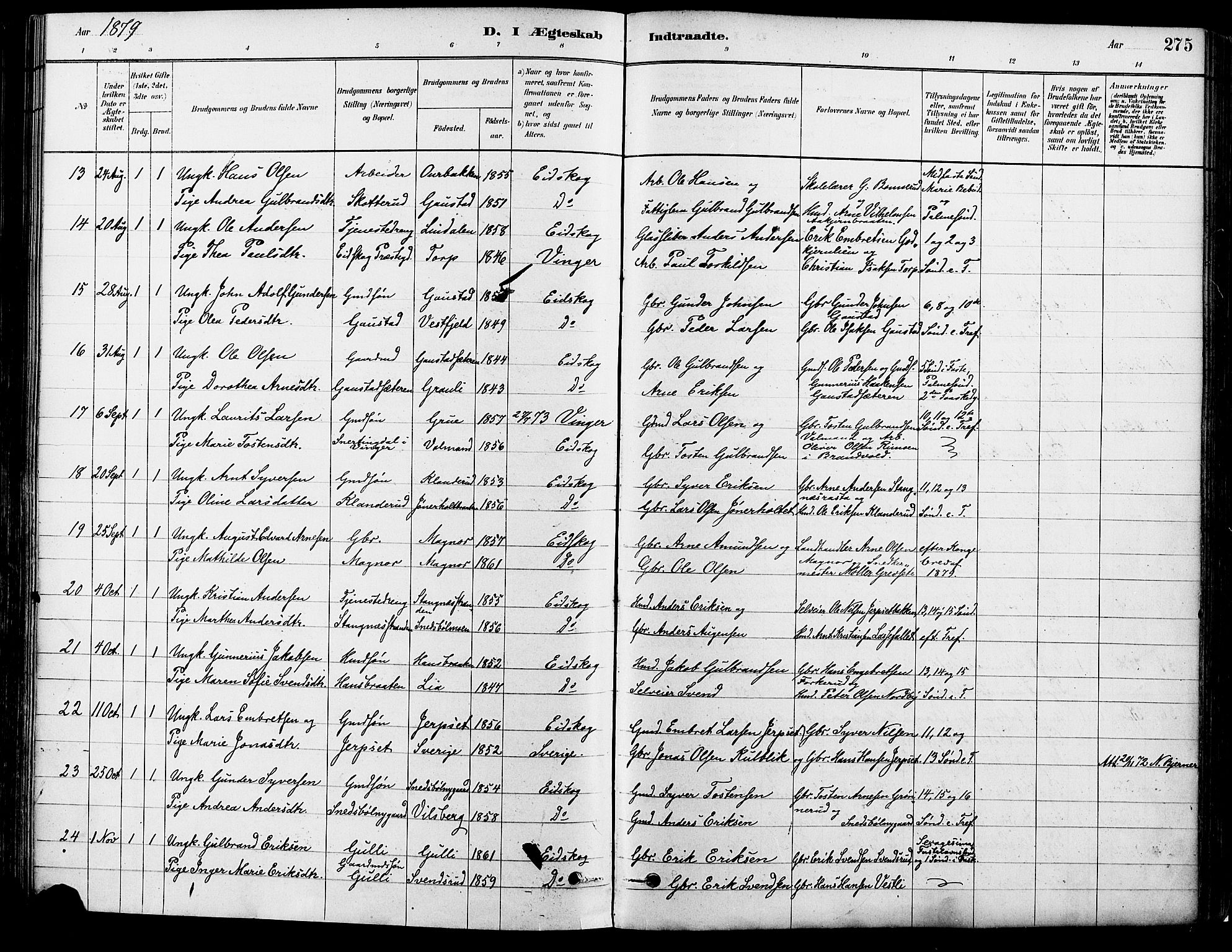 Eidskog prestekontor, AV/SAH-PREST-026/H/Ha/Haa/L0003: Parish register (official) no. 3, 1879-1892, p. 275