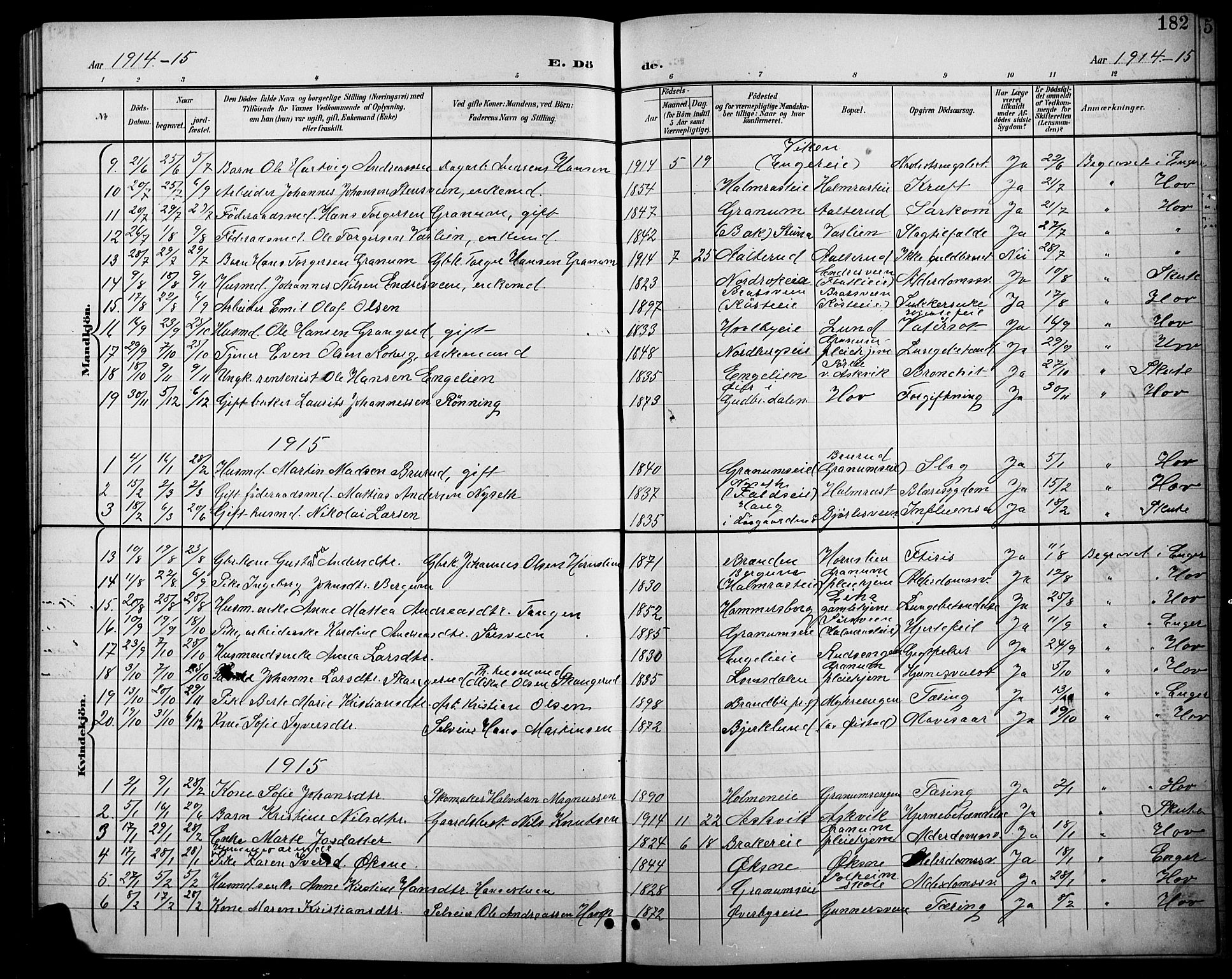 Søndre Land prestekontor, SAH/PREST-122/L/L0004: Parish register (copy) no. 4, 1901-1915, p. 182