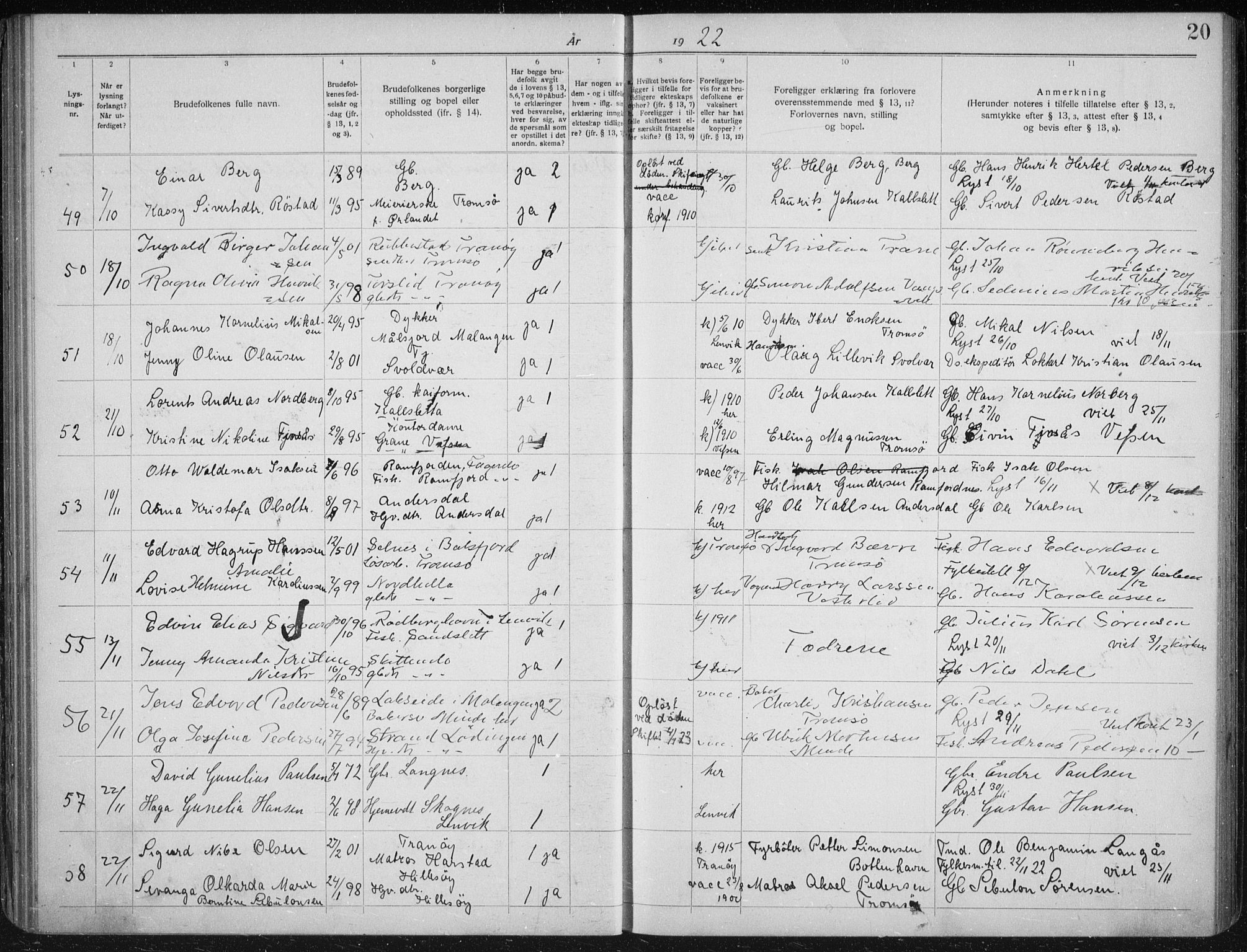 Tromsøysund sokneprestkontor, AV/SATØ-S-1304/H/Hc/L0059: Banns register no. 59, 1919-1937, p. 20