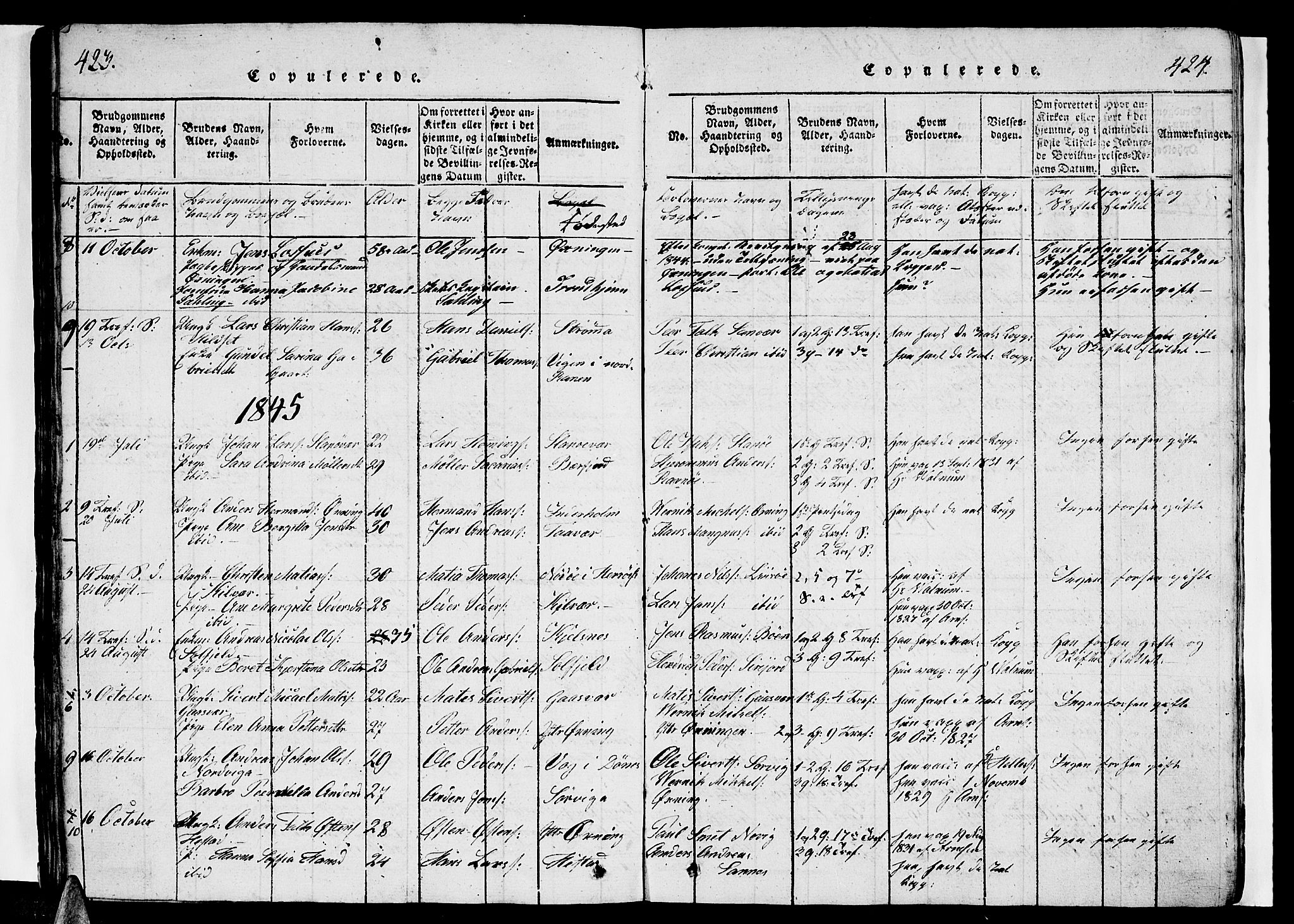 Ministerialprotokoller, klokkerbøker og fødselsregistre - Nordland, AV/SAT-A-1459/834/L0510: Parish register (copy) no. 834C01, 1820-1847, p. 423-424