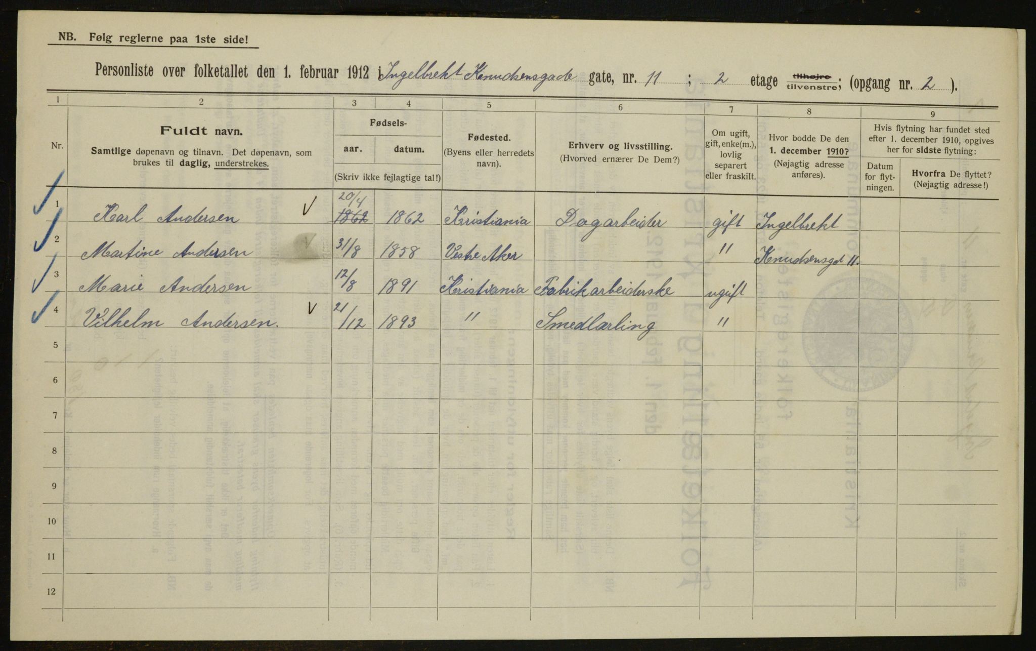 OBA, Municipal Census 1912 for Kristiania, 1912, p. 44277