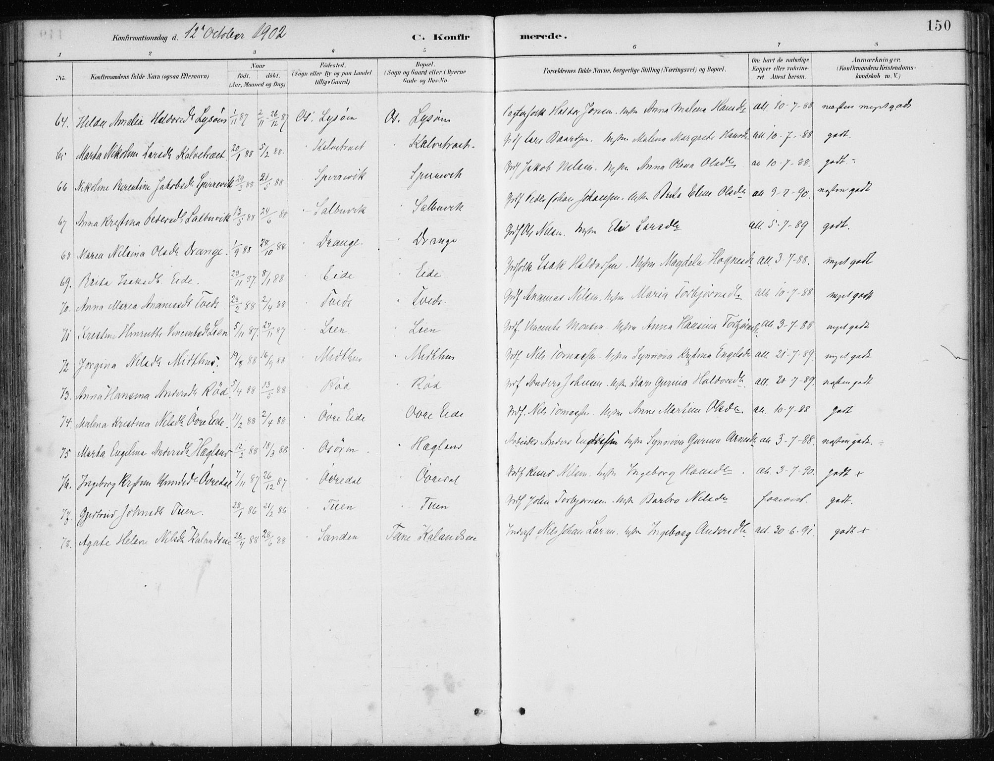 Os sokneprestembete, AV/SAB-A-99929: Parish register (official) no. B 1, 1885-1902, p. 150