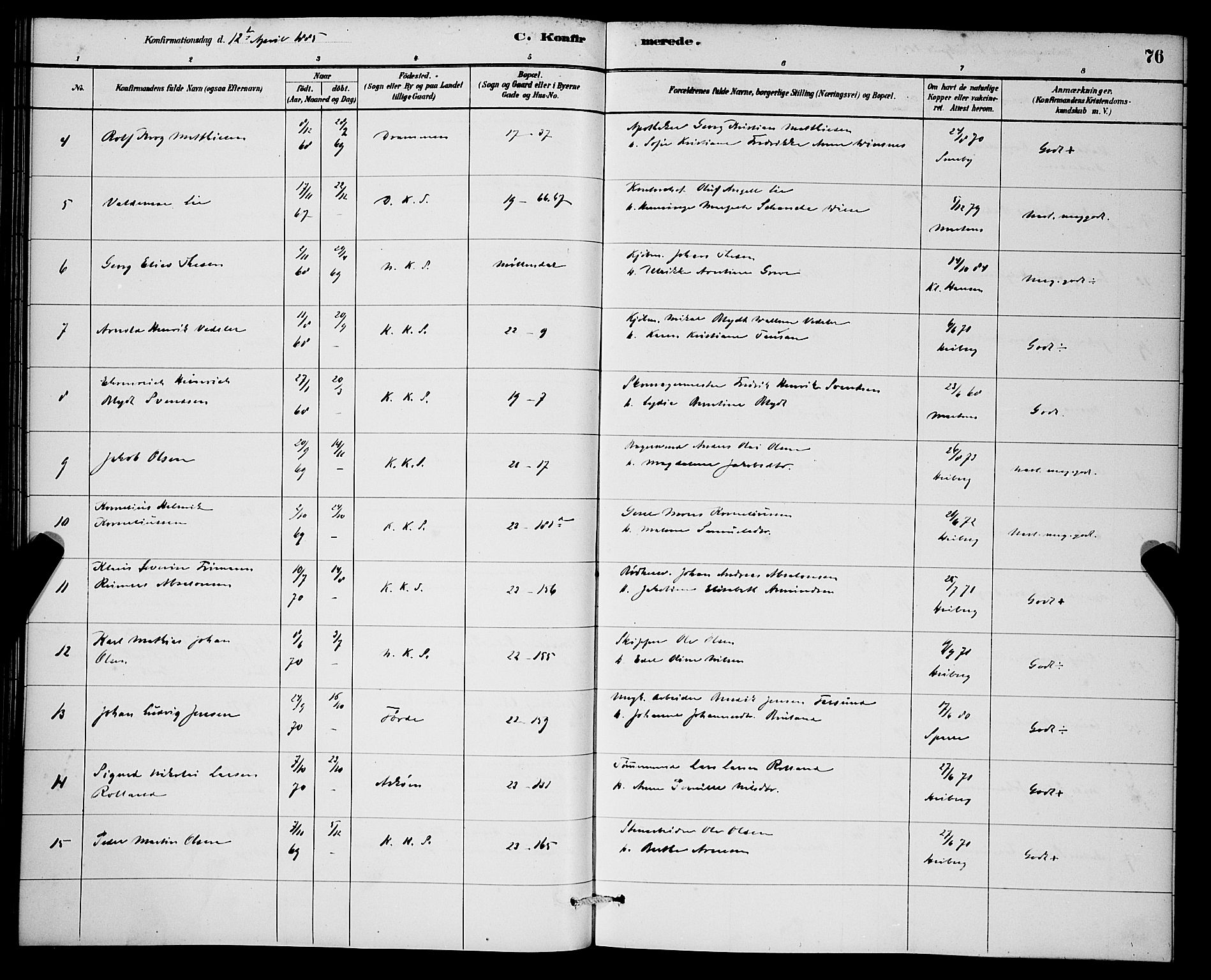 Korskirken sokneprestembete, AV/SAB-A-76101/H/Hab: Parish register (copy) no. C 3, 1880-1892, p. 76