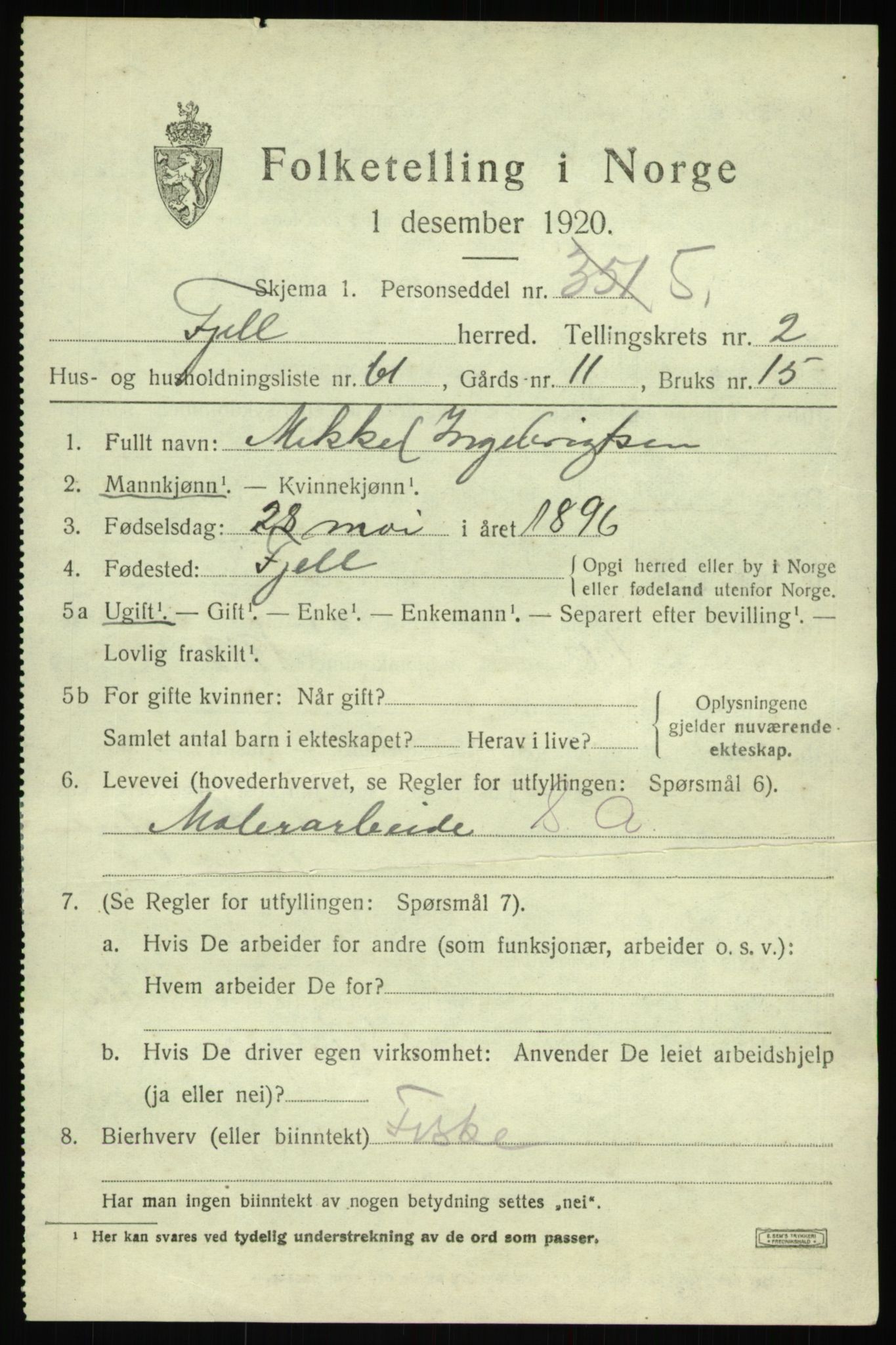 SAB, 1920 census for Fjell, 1920, p. 2948