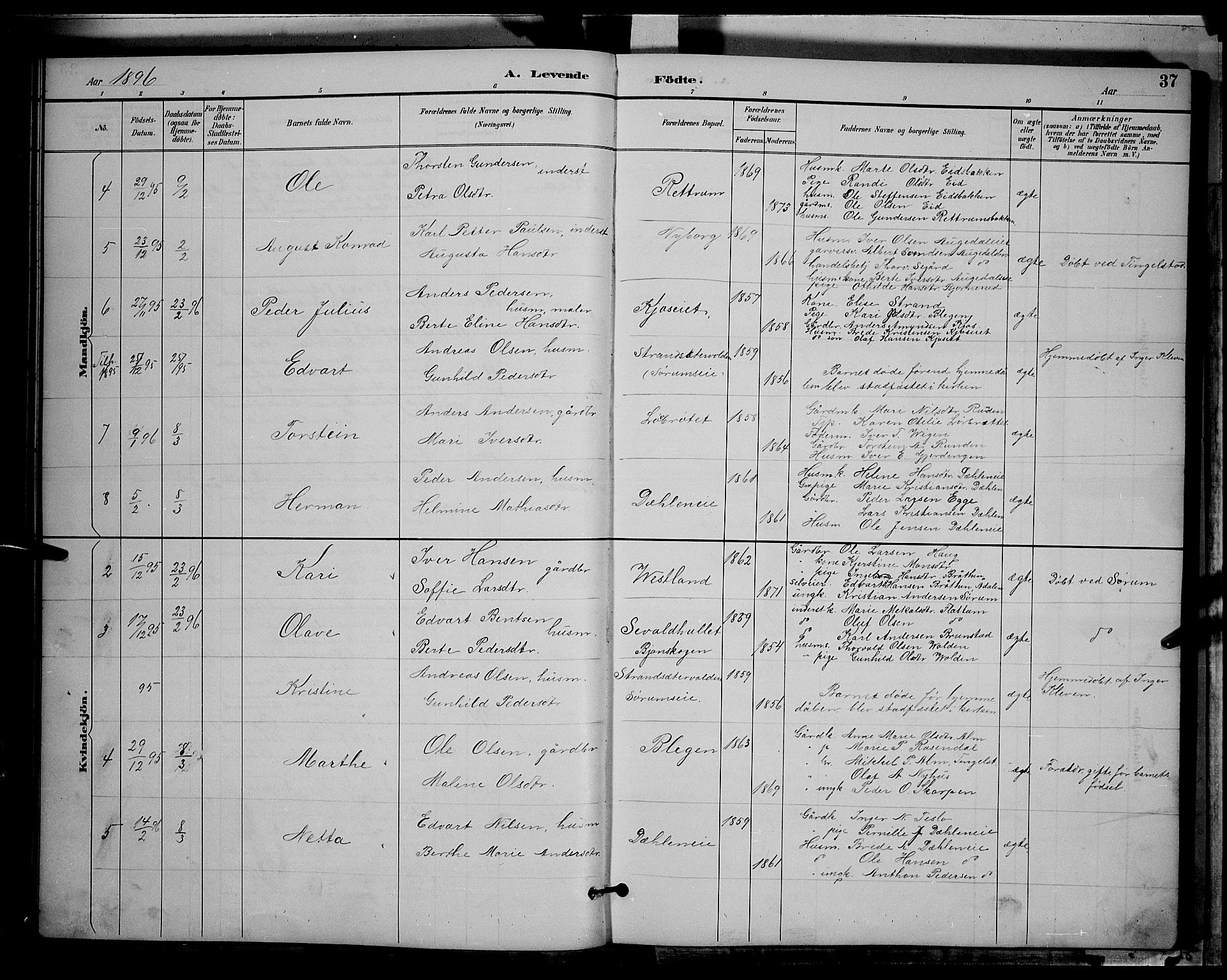 Gran prestekontor, SAH/PREST-112/H/Ha/Hab/L0004: Parish register (copy) no. 4, 1890-1899, p. 37