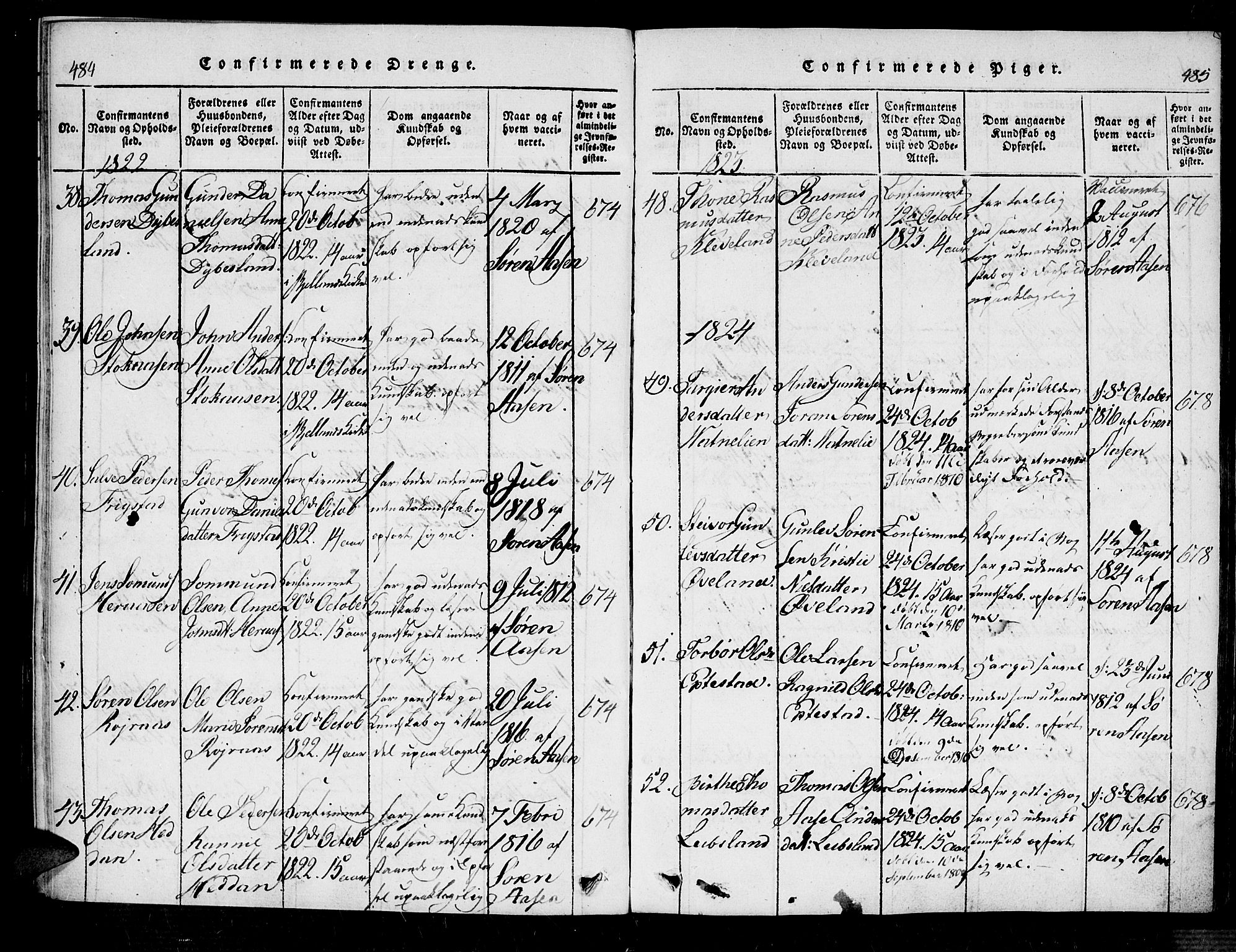 Bjelland sokneprestkontor, SAK/1111-0005/F/Fa/Fab/L0002: Parish register (official) no. A 2, 1816-1869, p. 484-485