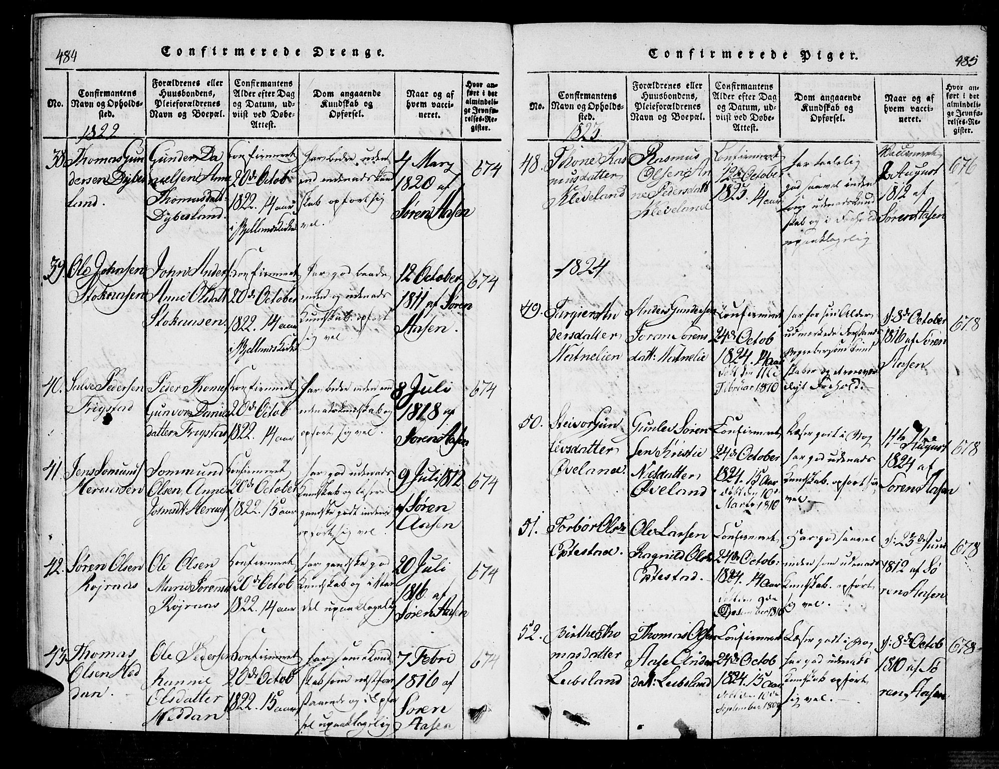 Bjelland sokneprestkontor, AV/SAK-1111-0005/F/Fa/Fab/L0002: Parish register (official) no. A 2, 1816-1869, p. 484-485